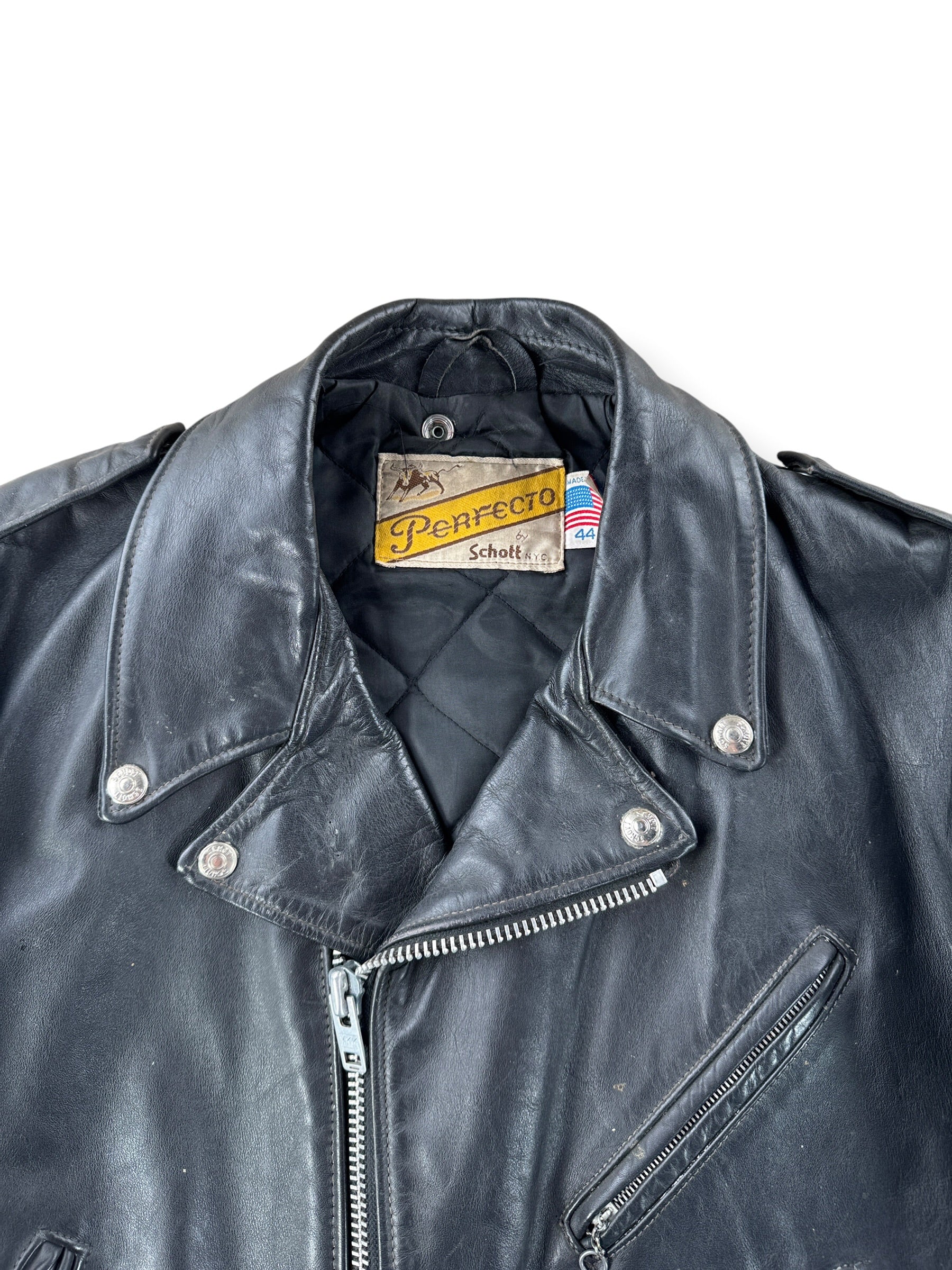 Collar on Vintage 80s Era Schott Perfecto Leather Jacket SZ 44
