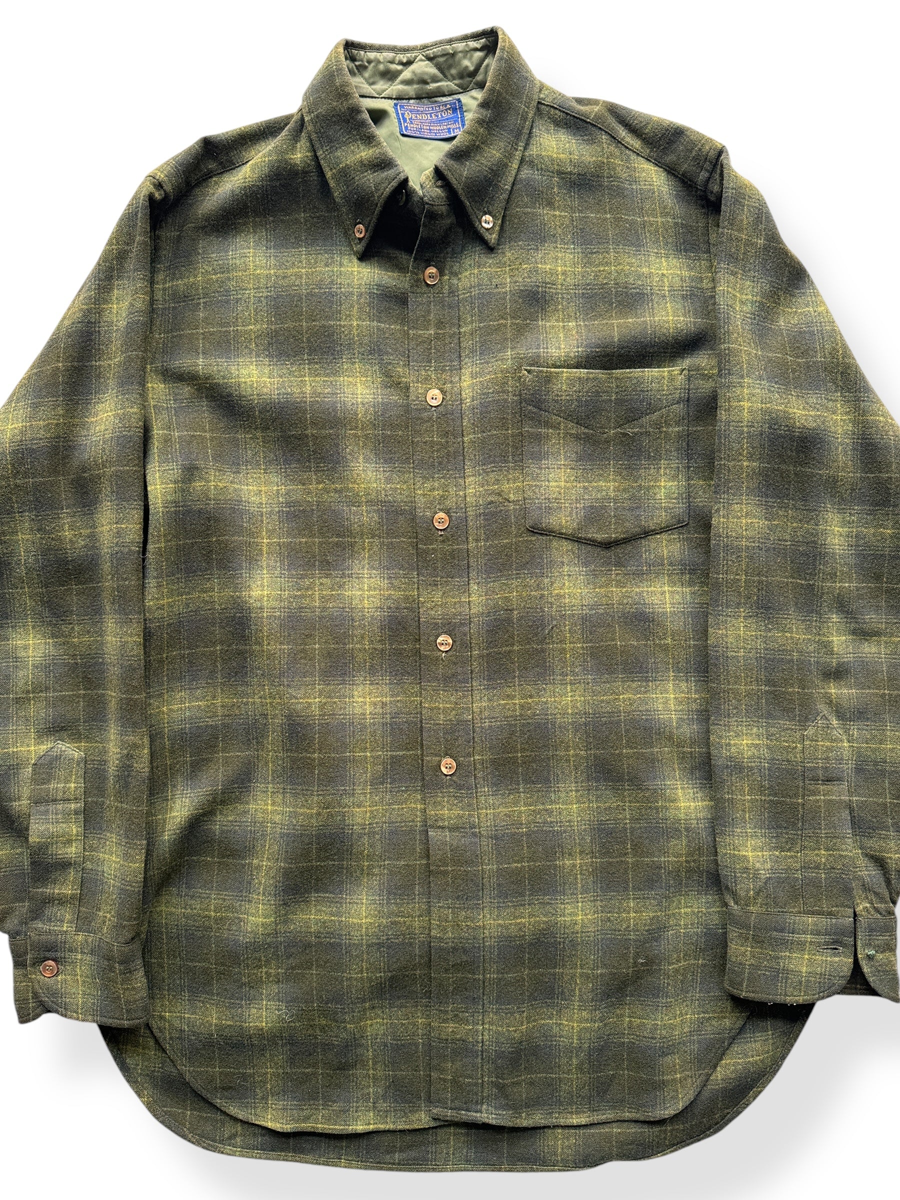 Front Close Up of 50s Era Green Plaid Pendleton Flannel SZ M