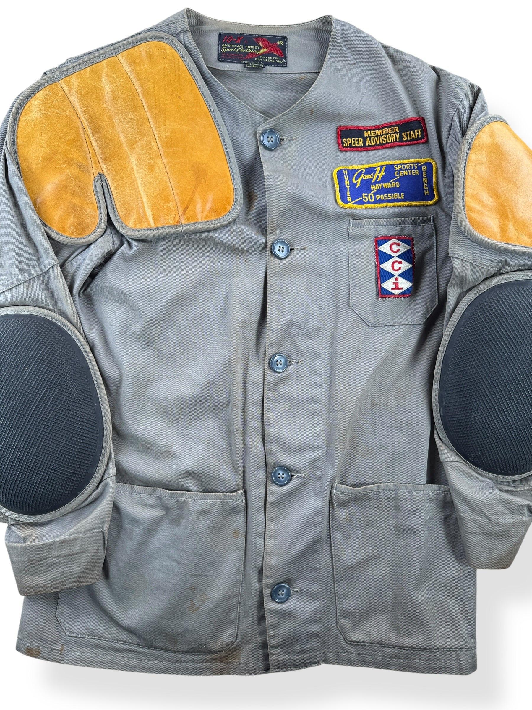 Front Close Up of Vintage 10-X Shooting Jacket w/ Patches SZ L (Fits S)