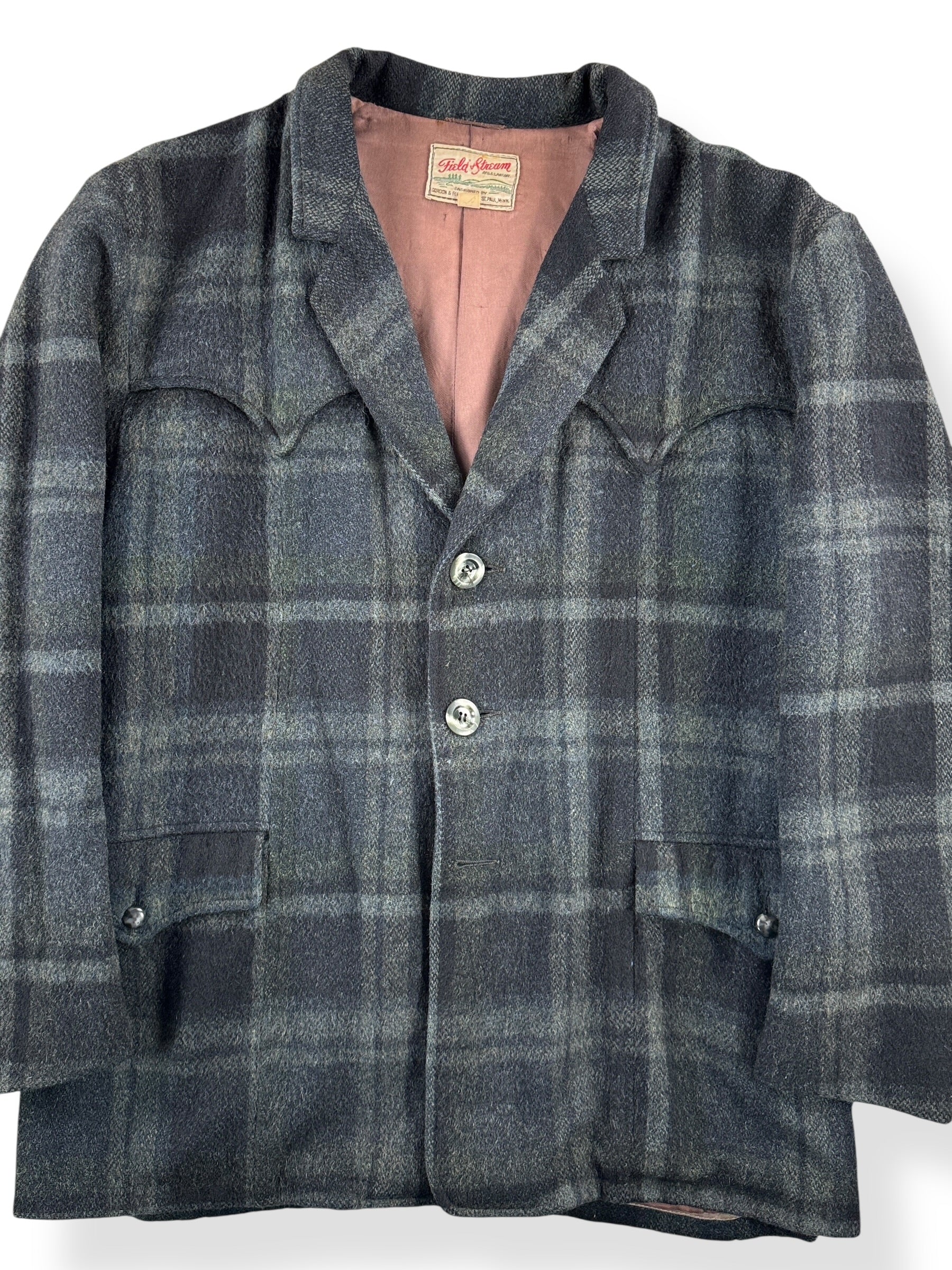 Front Close Up of Vintage Grey & Black Field & Stream Wool Western Jacket SZ 44