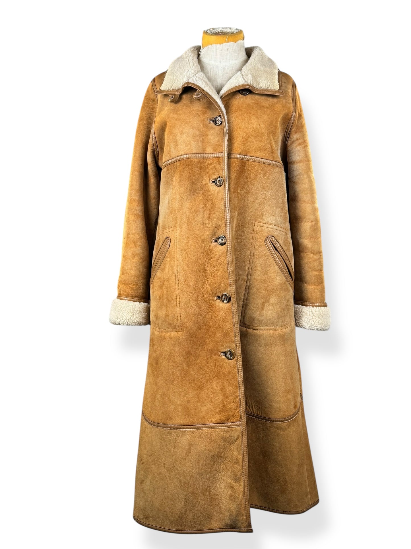 Front of 1970s Aleksander Suede Shearling Coat M