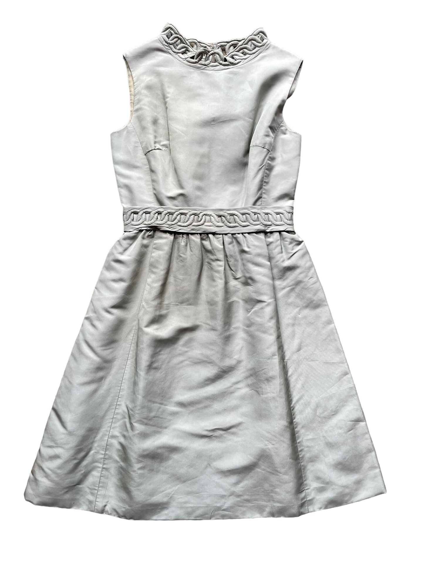 Full front view of Vintage 1950s Grey Satin Party Dress SZ M |  Barn Owl Vintage Dresses| Seattle Vintage Ladies Clothing