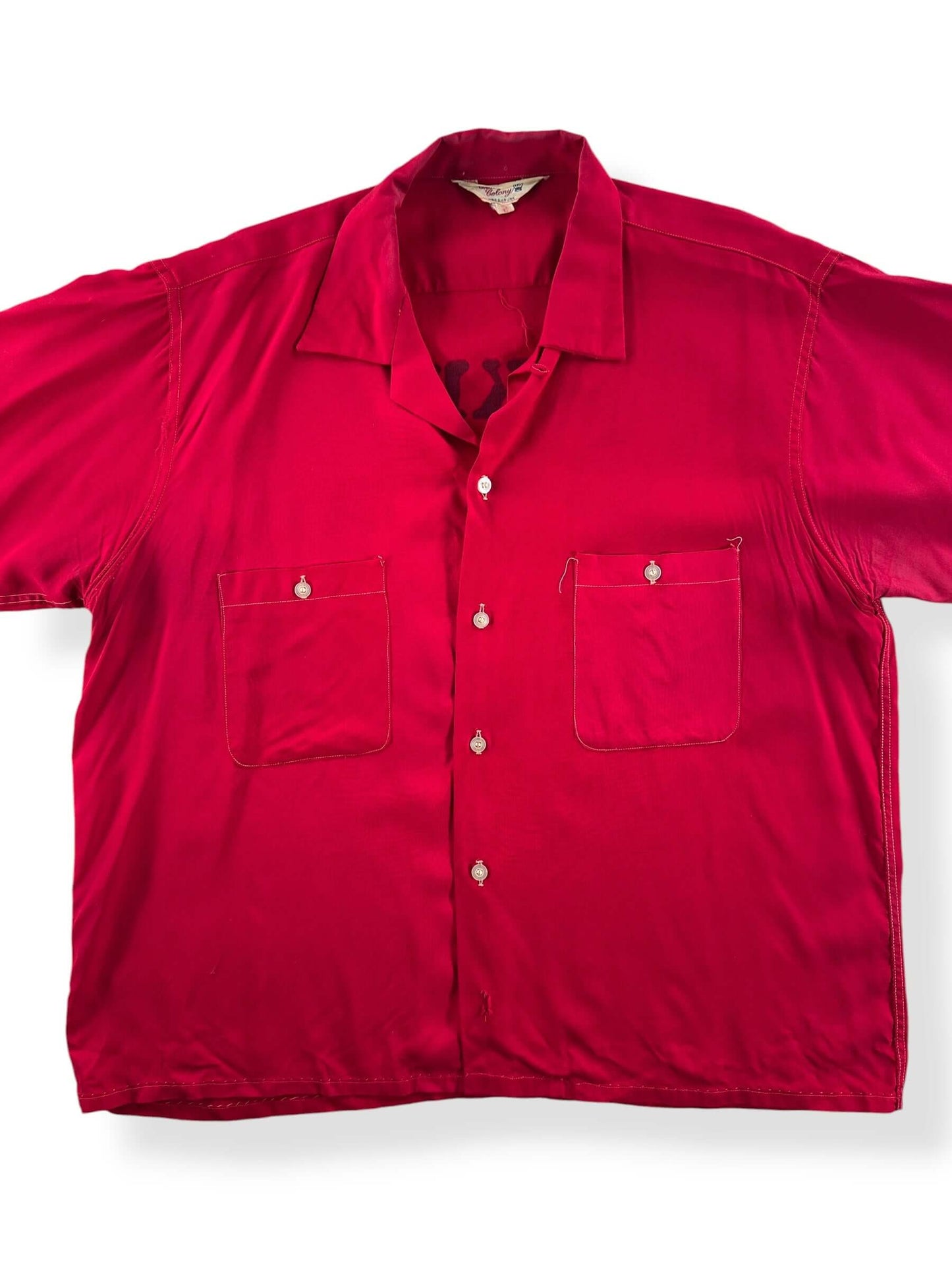 Front Close Up of Vintage 50s Crown Colony Mike's Stella Tavern Bowling Shirt SZ L
