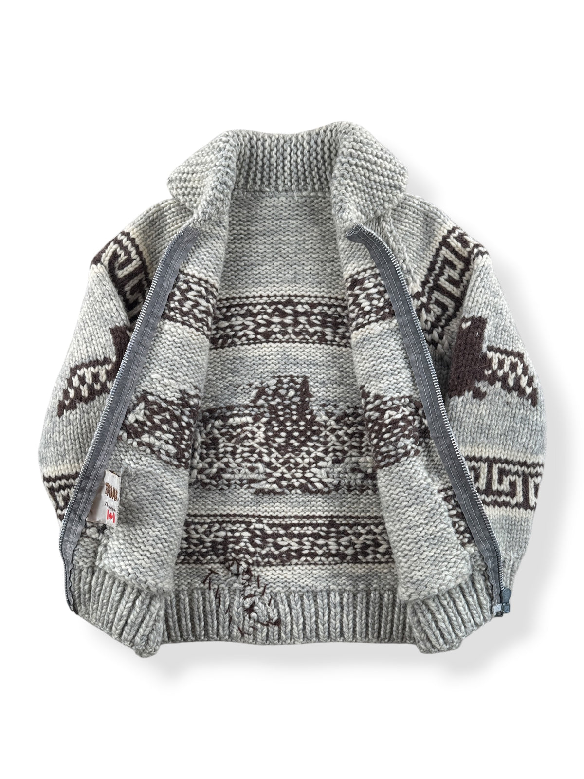 Inside of Vintage Tauk Thunderbird Cowichan Style Sweater SZ S