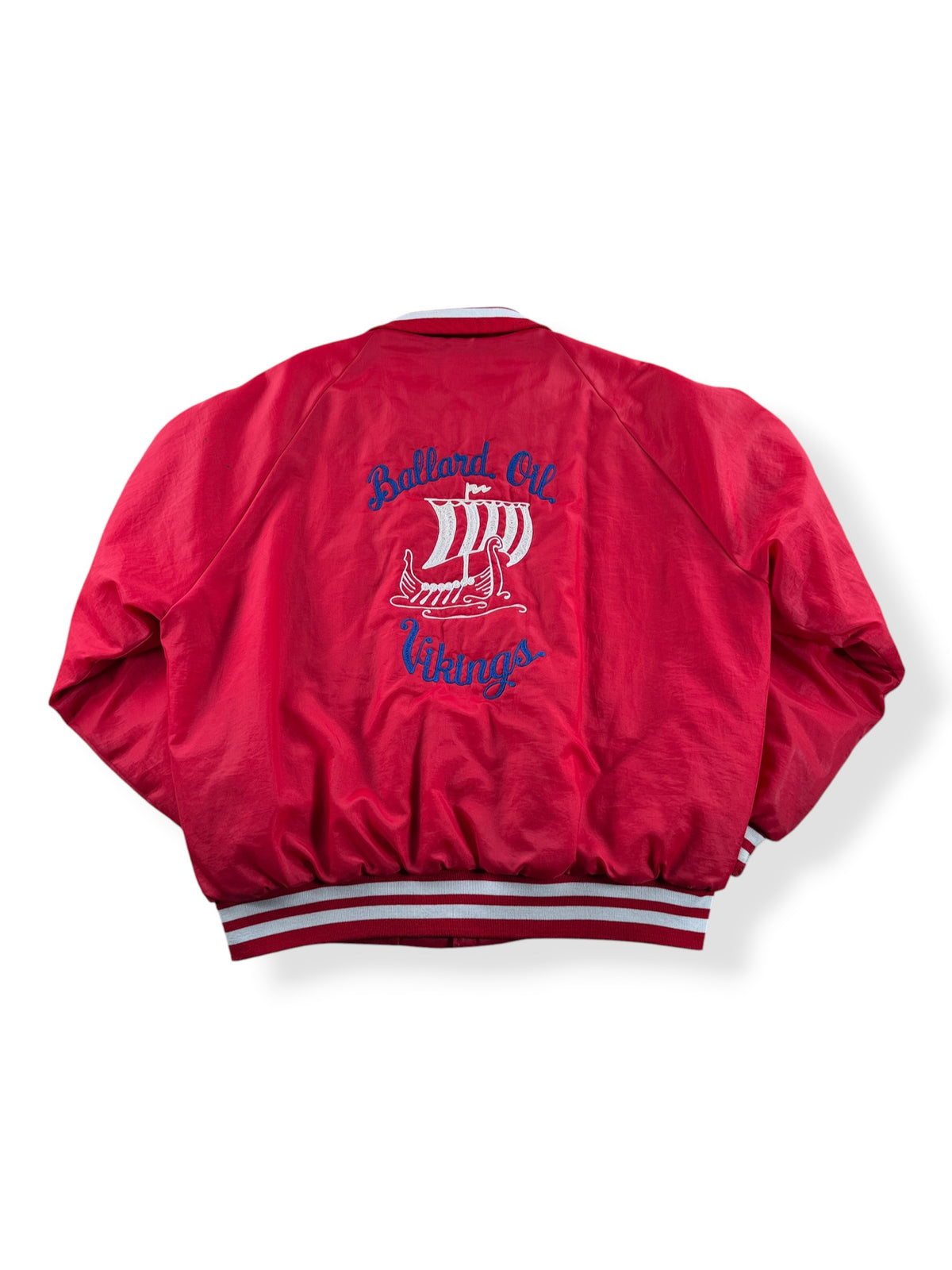 Back of Vintage Ballard Oil Vikings Chain Stitch Coaches Jacket SZ XL