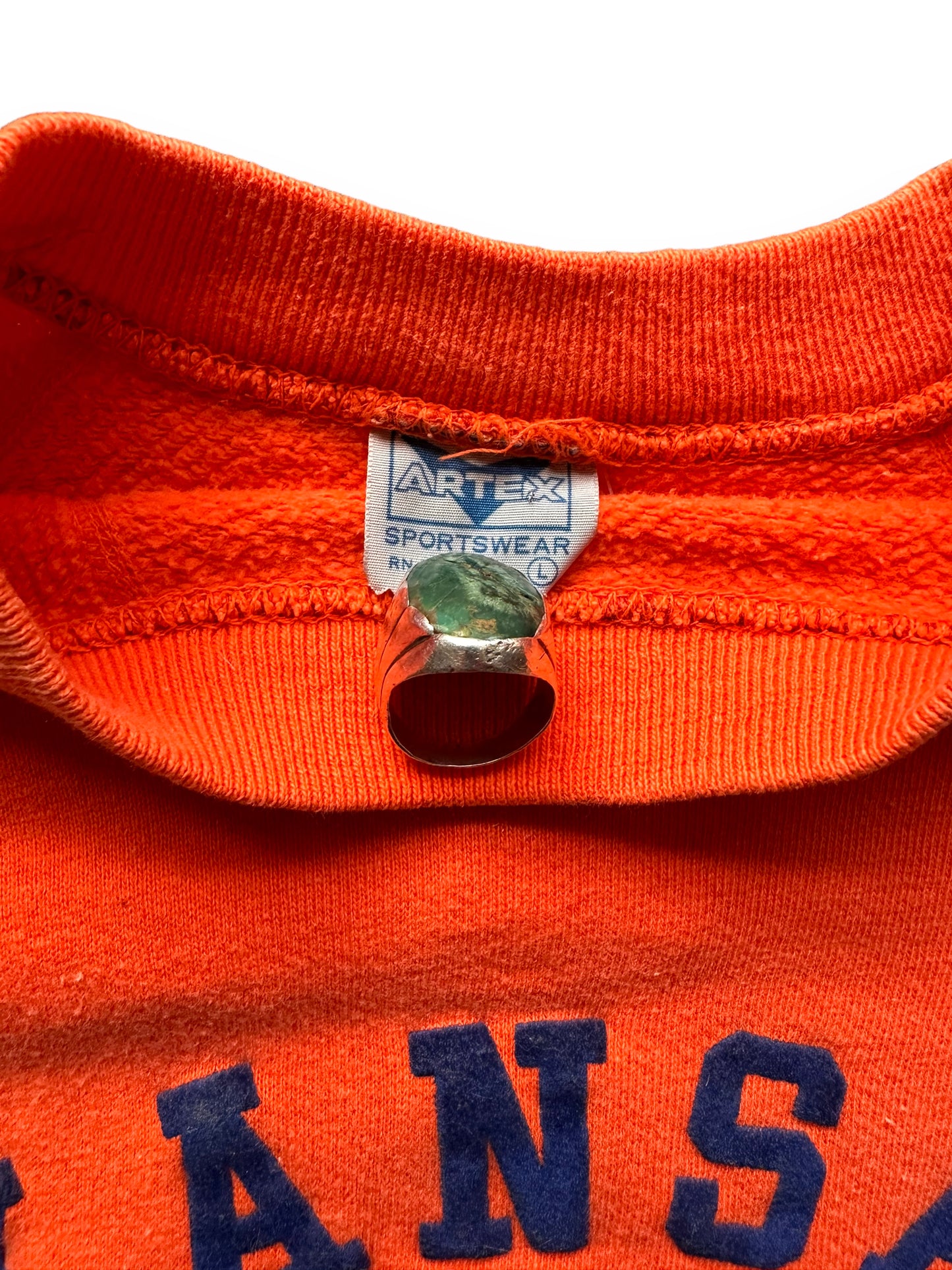 Tag Close up on Vintage Artex Kansas University 1969 Orange Bowl Short Sleeve Crewneck Sweatshirt SZ L | Barn Owl Vintage Clothing | Seattle Vintage Sweatshirts