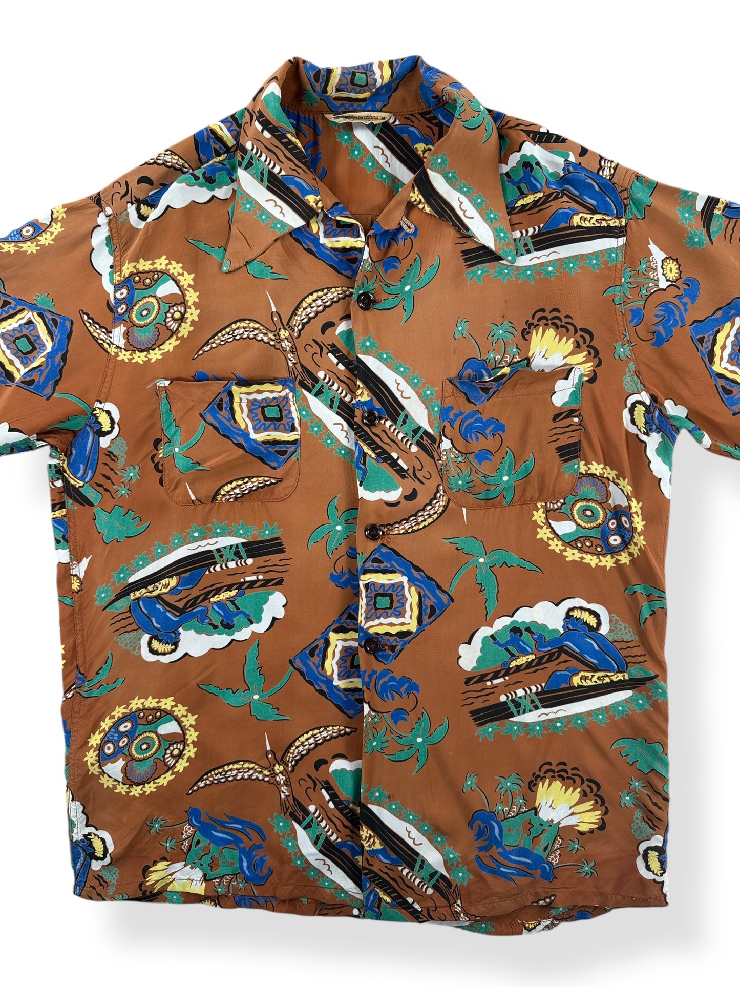 Front Close Up of Vintage Brown Penney's Aloha Shirt SZ M