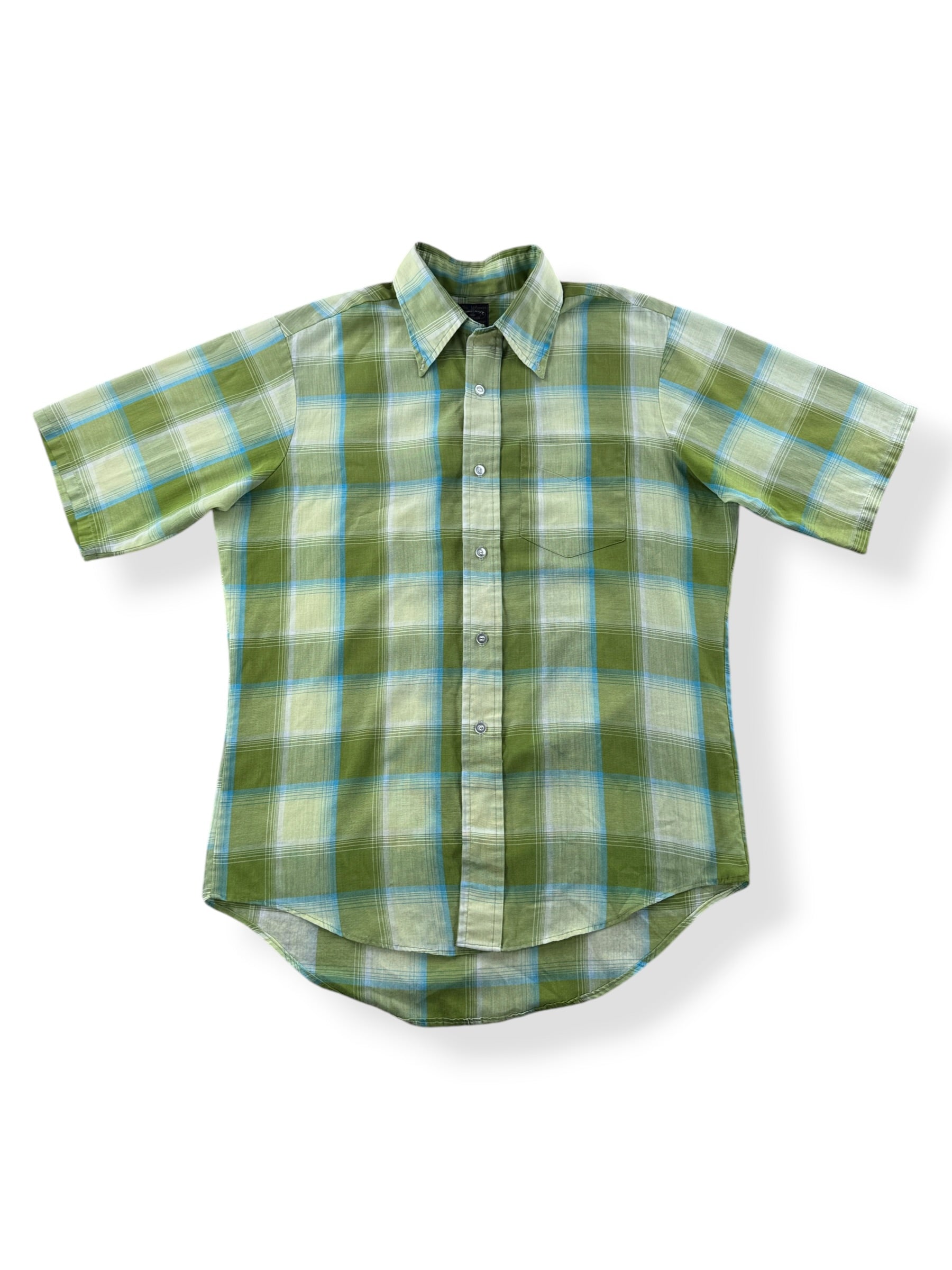 Front of Vintage 60s Towncraft Green Plaid SS Button Up Shirt SZ M