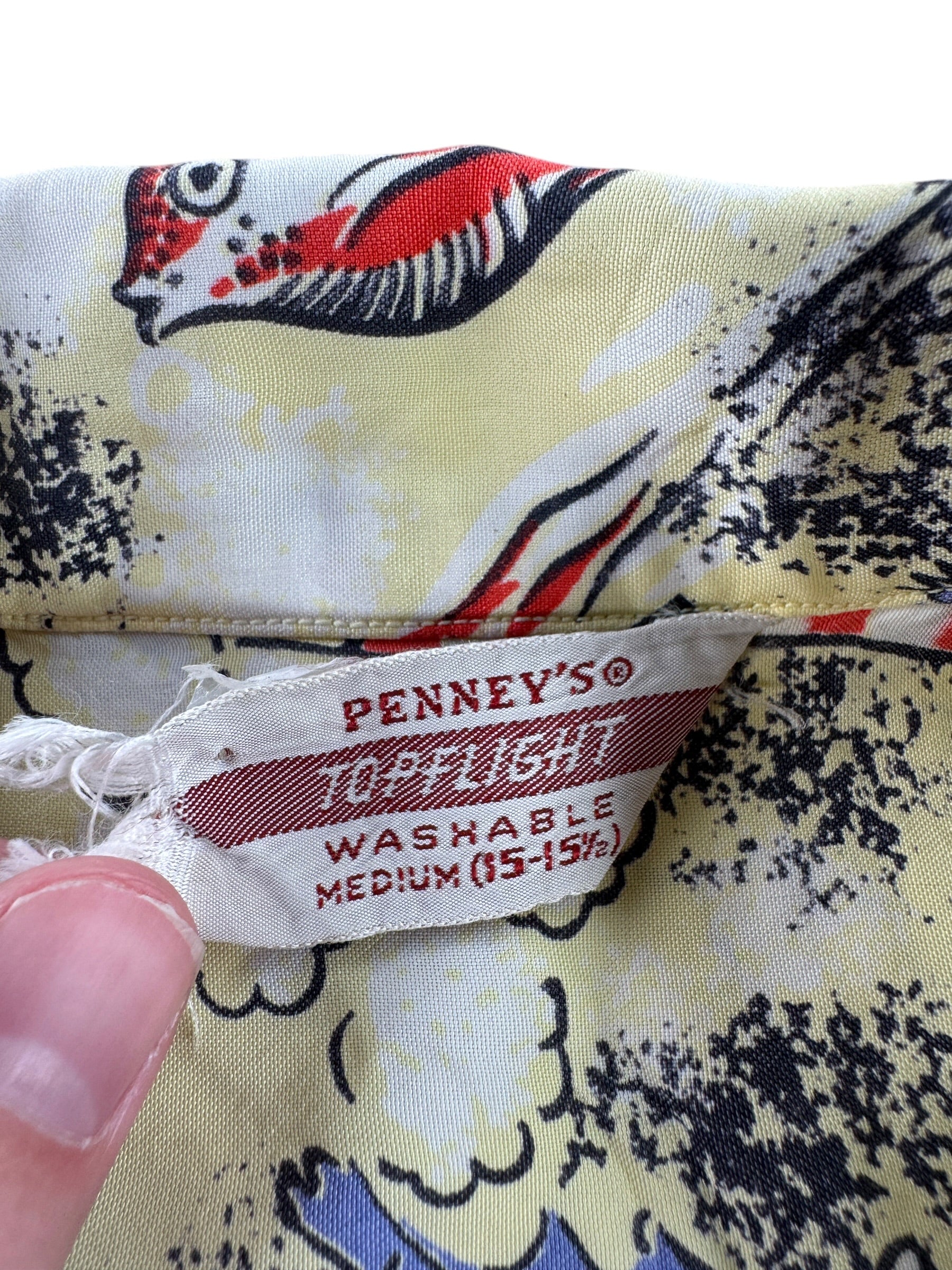 Tag on Vintage Penney's Topflight Rayon Fixer Aloha Shirt SZ M