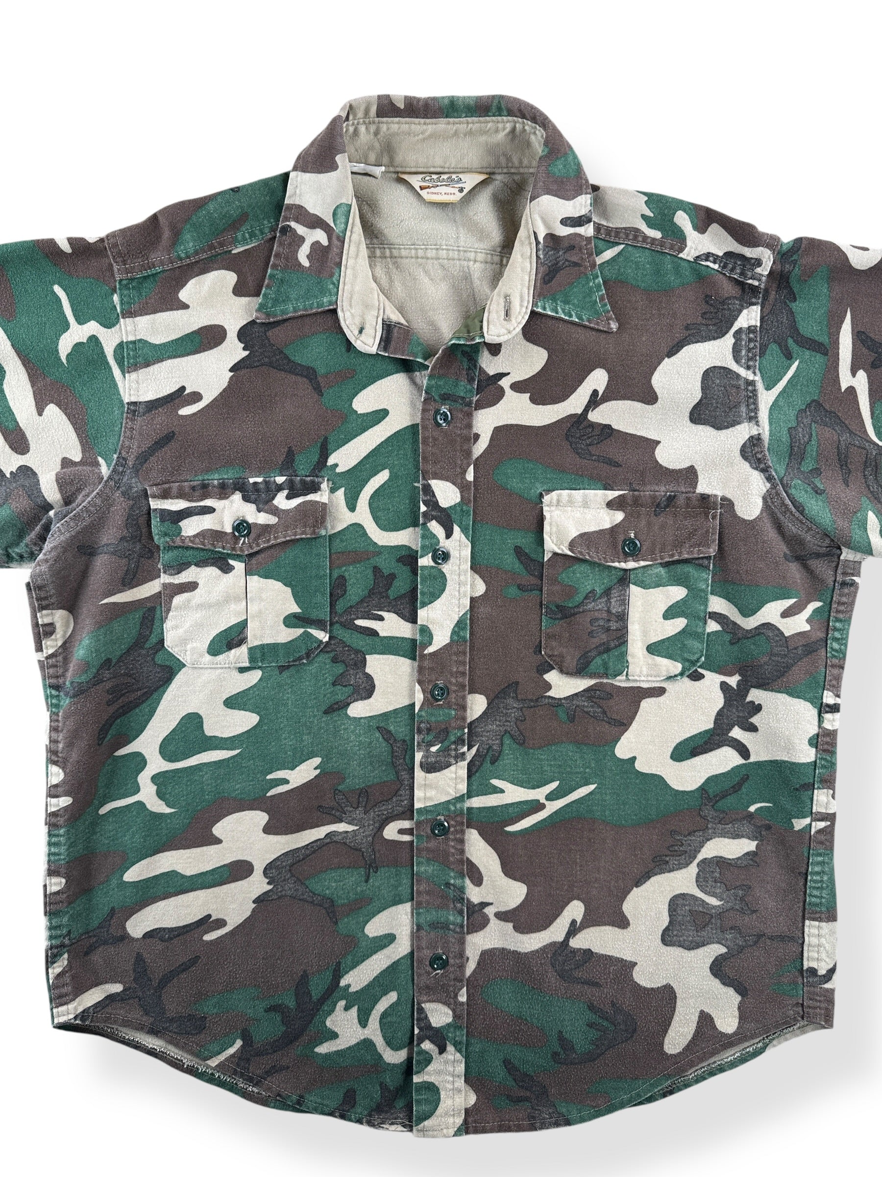 Front Close Up of Vintage 80s Cabela's Chamois Cloth Camo Button Up Shirt SZ XL