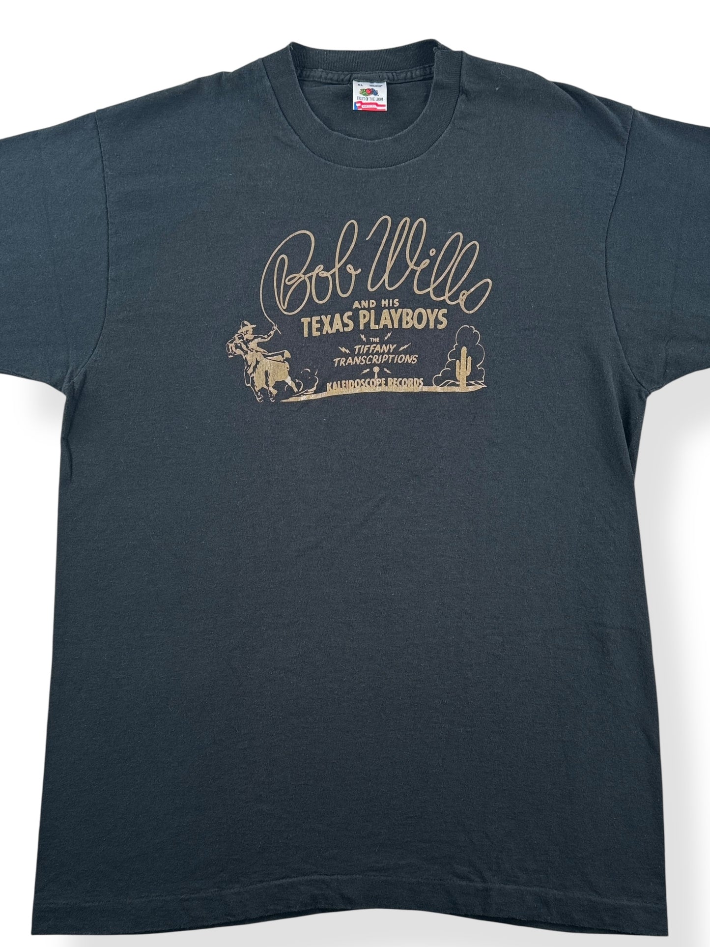 Front Close Up of Vintage NOS Bob Wills Black Tee SZ XL