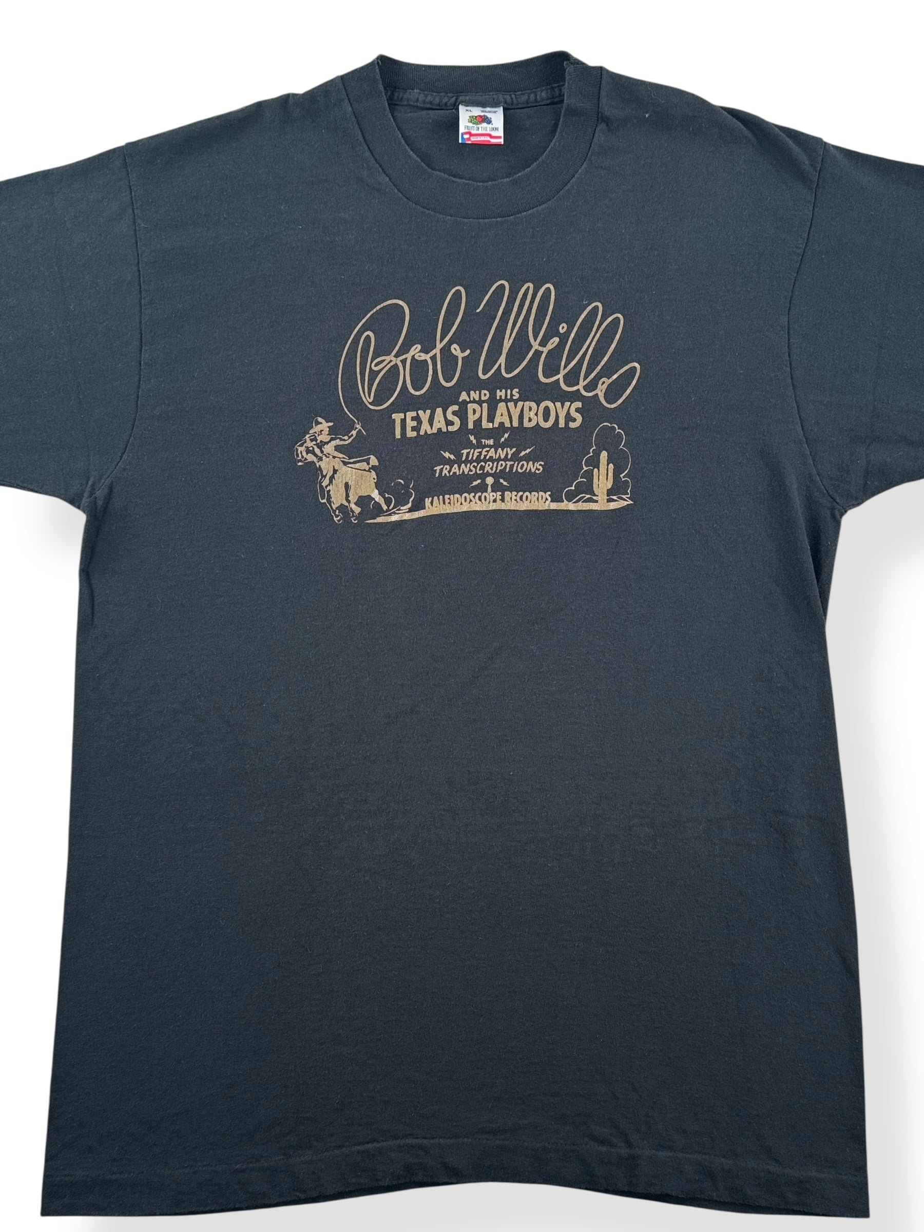 Front Close Up of Vintage NOS Bob Wills Black Tee SZ XL