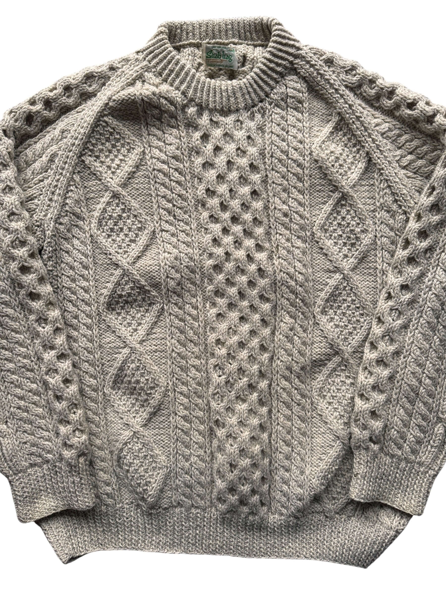 Front Close Up of Vintage Sliab Liag grey Irish cable knit fisherman's sweater SZ XL