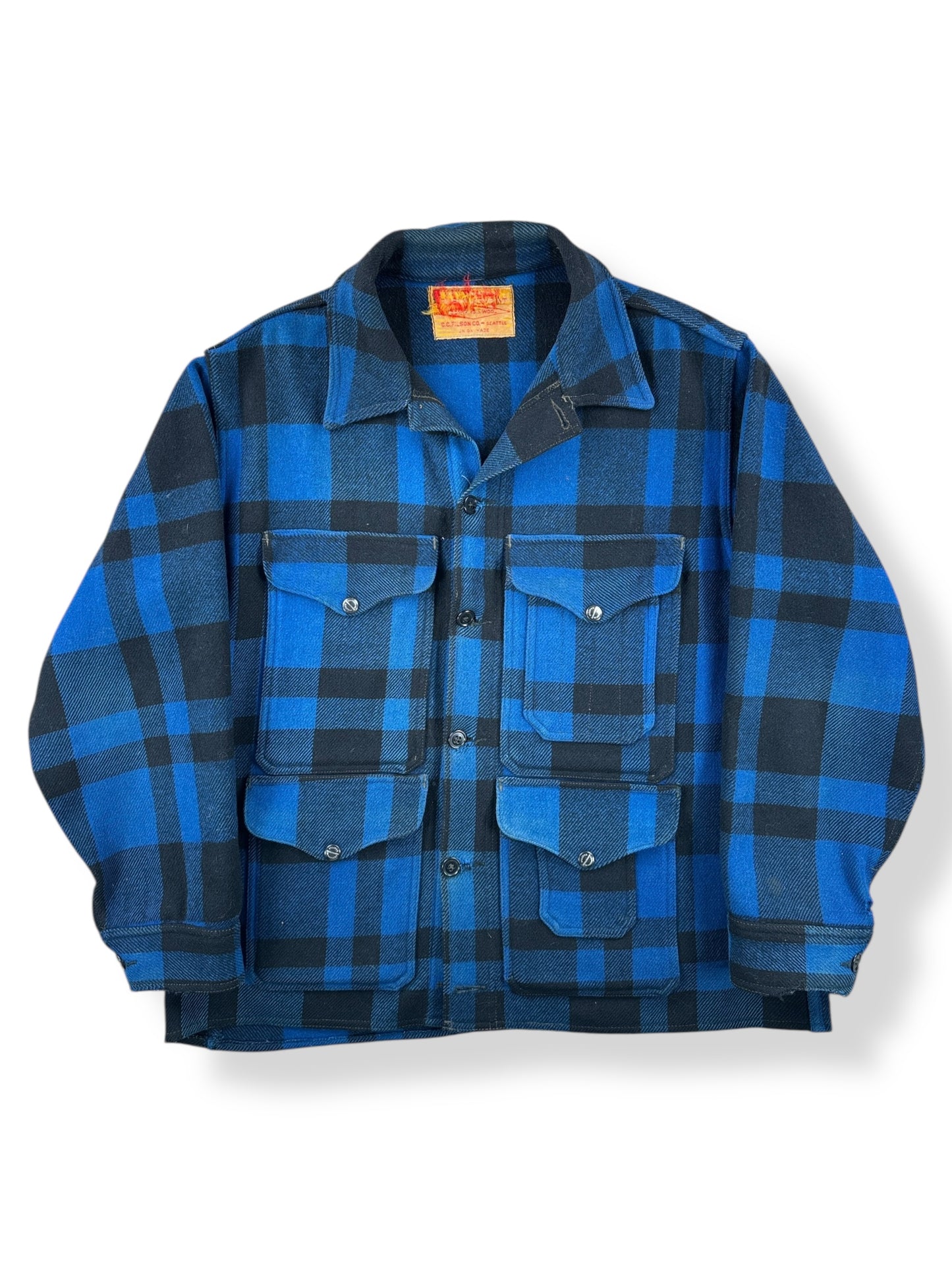 Front of Vintage Union Made Filson Cobalt and Black Mackinaw Cruiser SZ XL