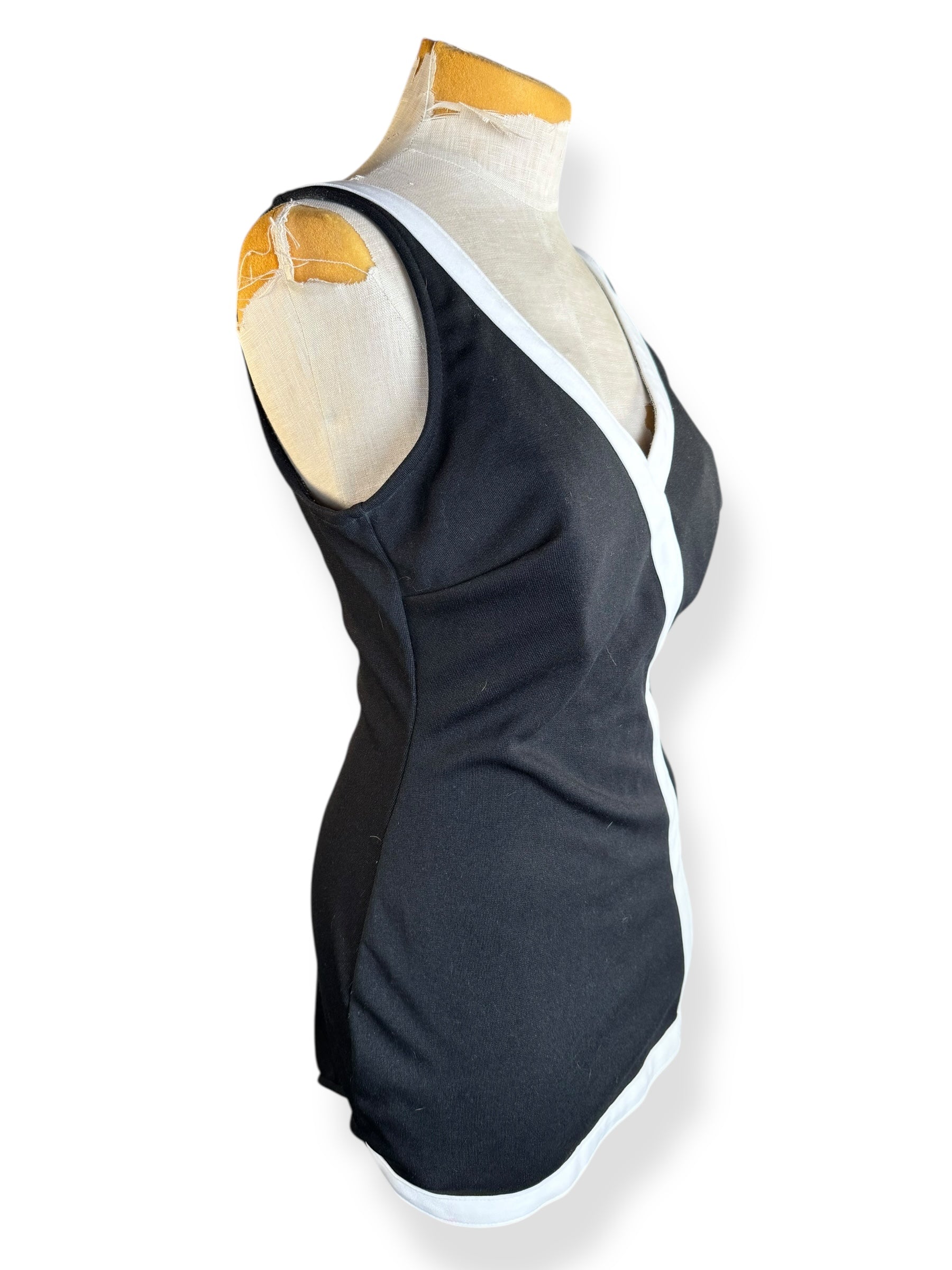 Side view of 1970s Black and White Carriage Court Piece Bathing Suit L