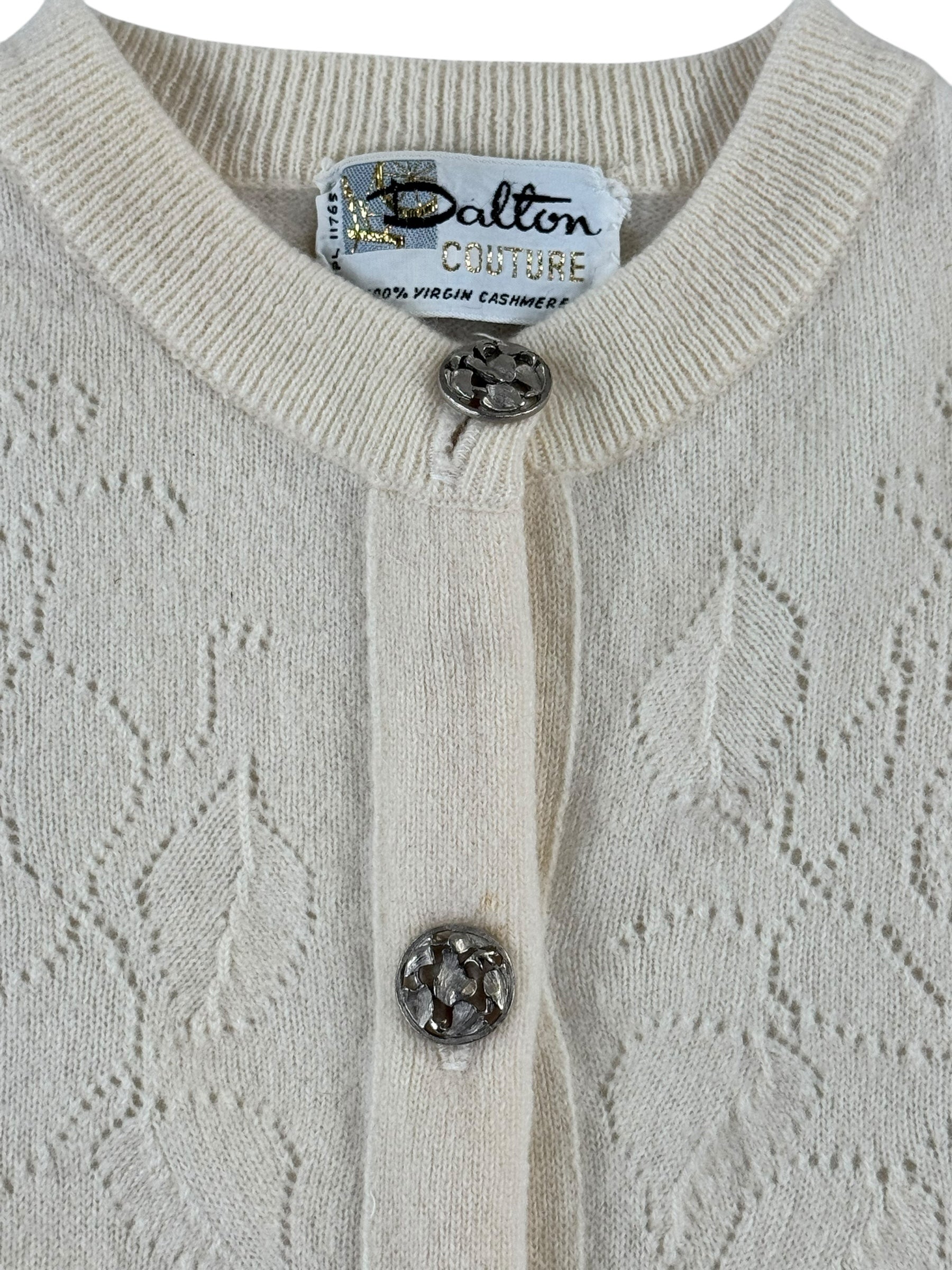 Tag view of 1950s Dalton Couture Cashmere Cardigan L