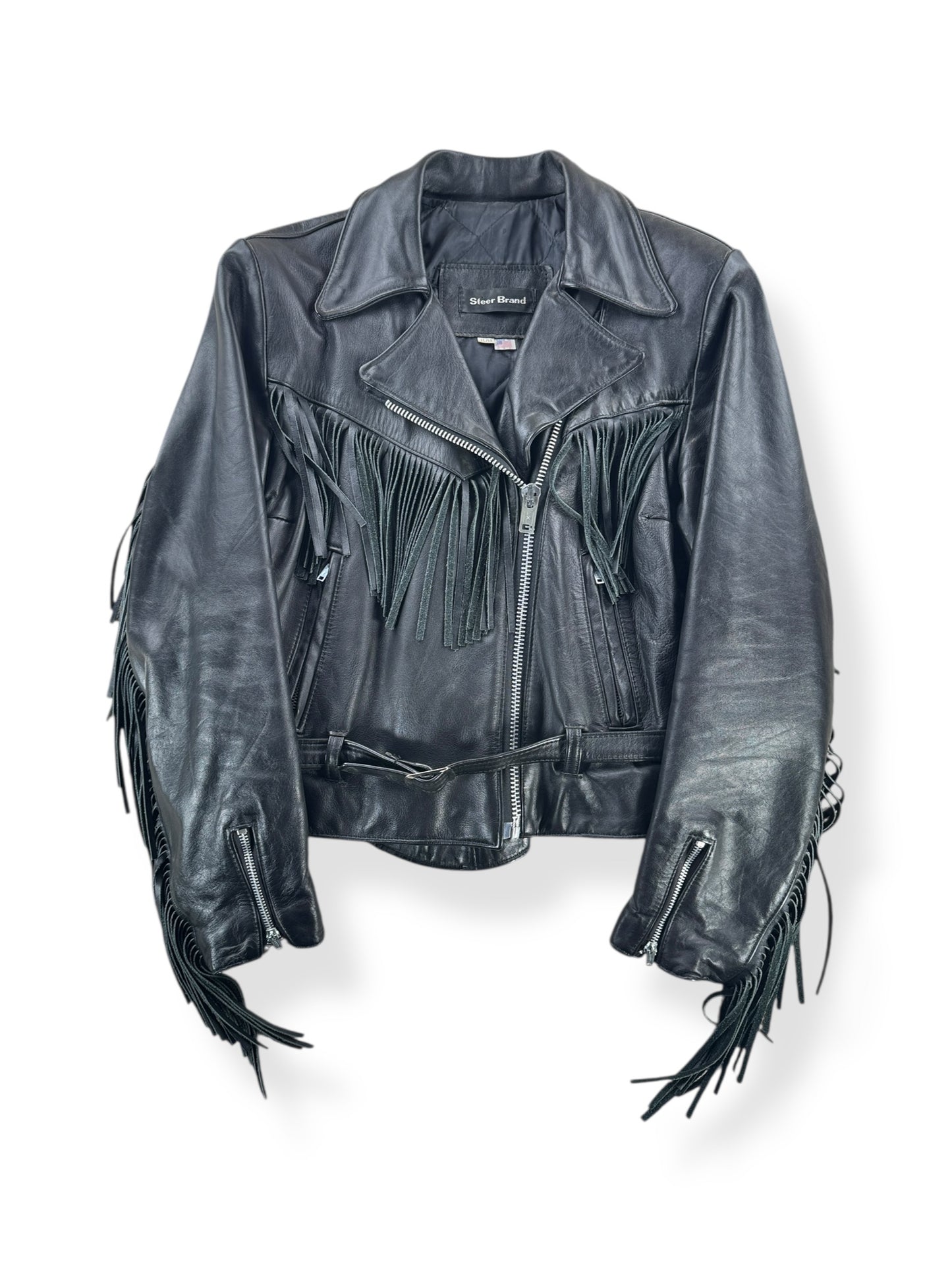 Front of Vintage Steer Brand Fringe Leather Biker Jacket SZ 11/12