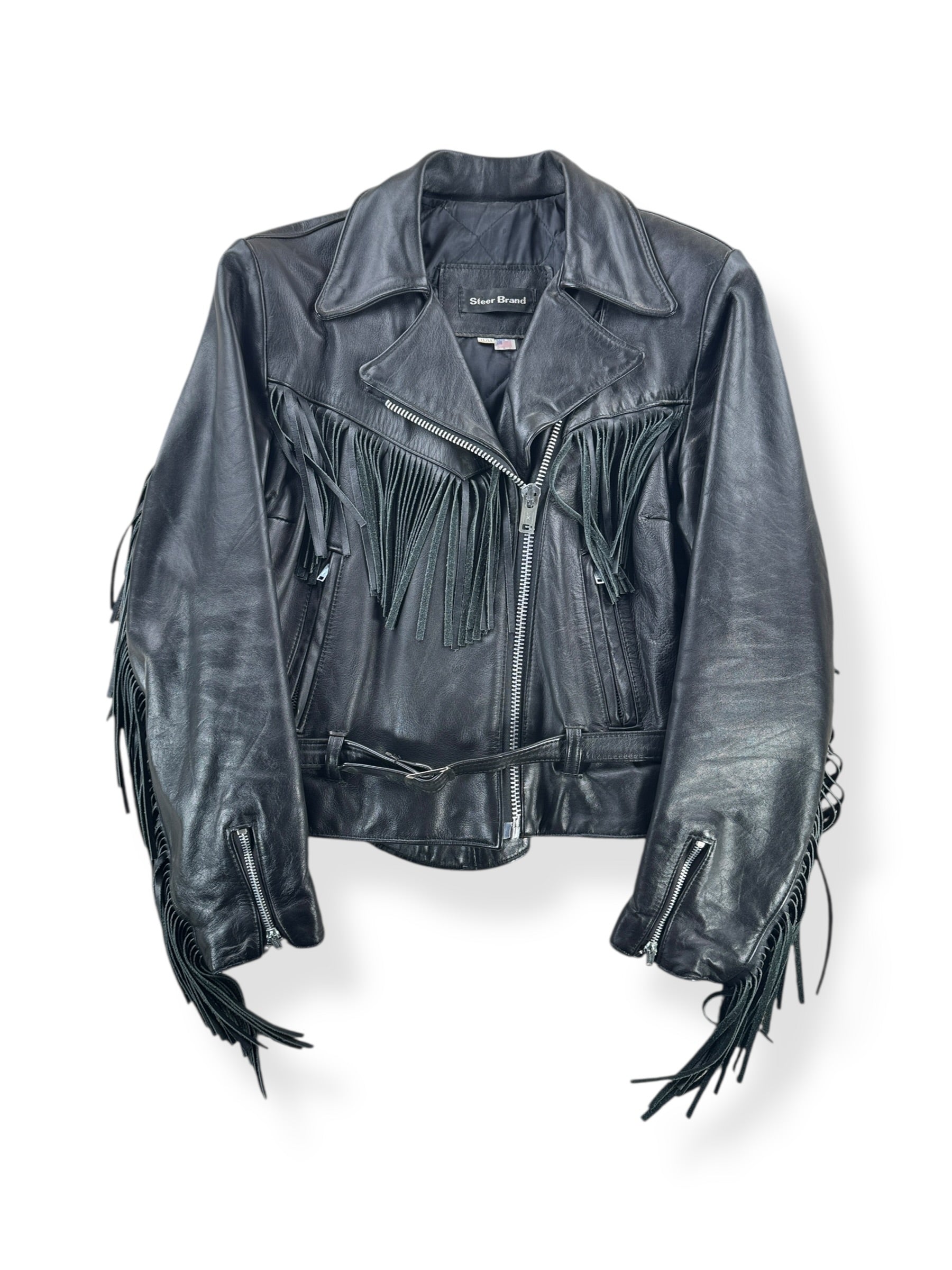 Front of Vintage Steer Brand Fringe Leather Biker Jacket SZ 11/12