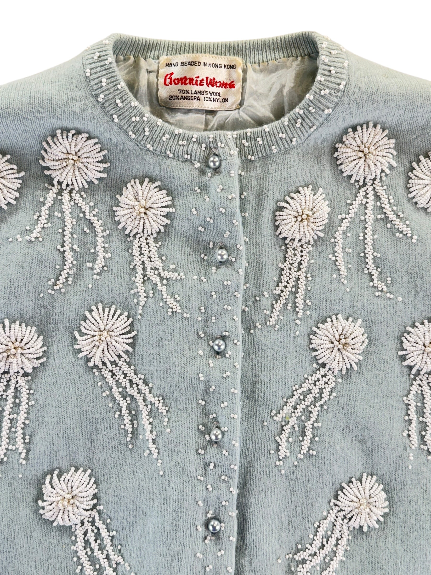 Tag view of 1950s Pale Blue Beaded Angora/Lamb's Wool Cardigan M