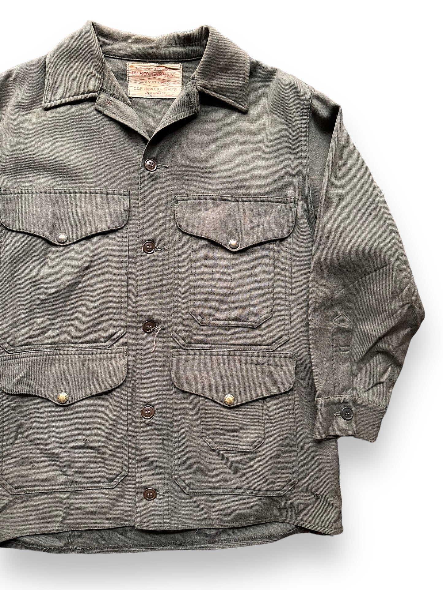 front left of Vintage 60s Filson Union Made Whipcord Cruiser SZ 40 |  Barn Owl Vintage Goods | Vintage Filson Workwear Seattle