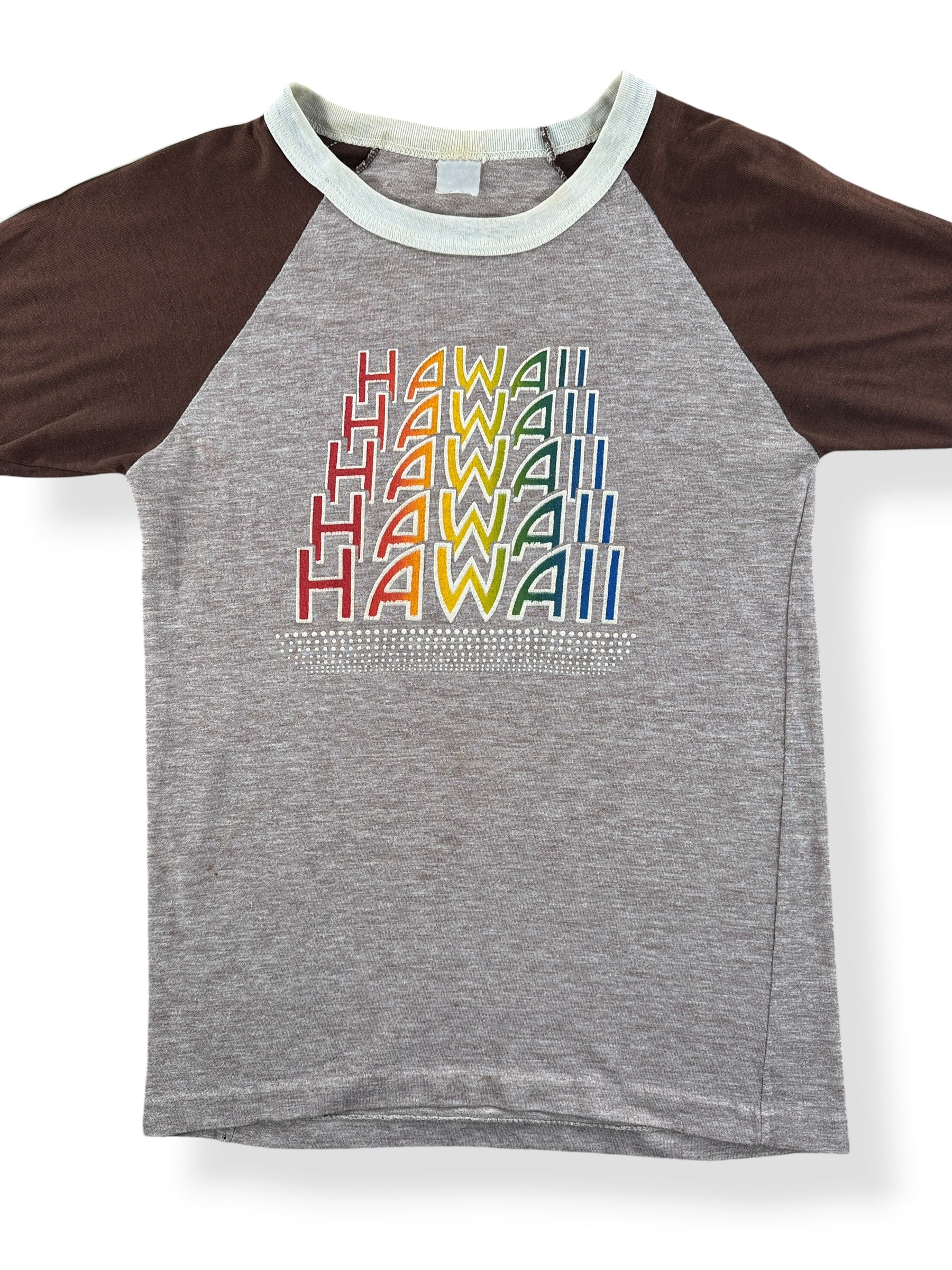 Front Close Up of Vintage Hawaii Raglan Ringer Tee SZ XS