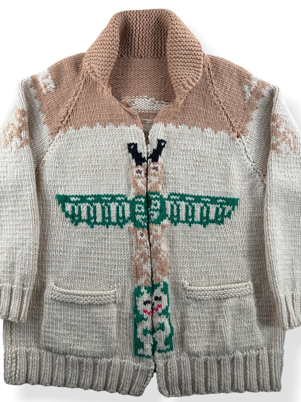 Close-up of Vintage Totem Thunderbird Cowichan Style Sweater SZ L
