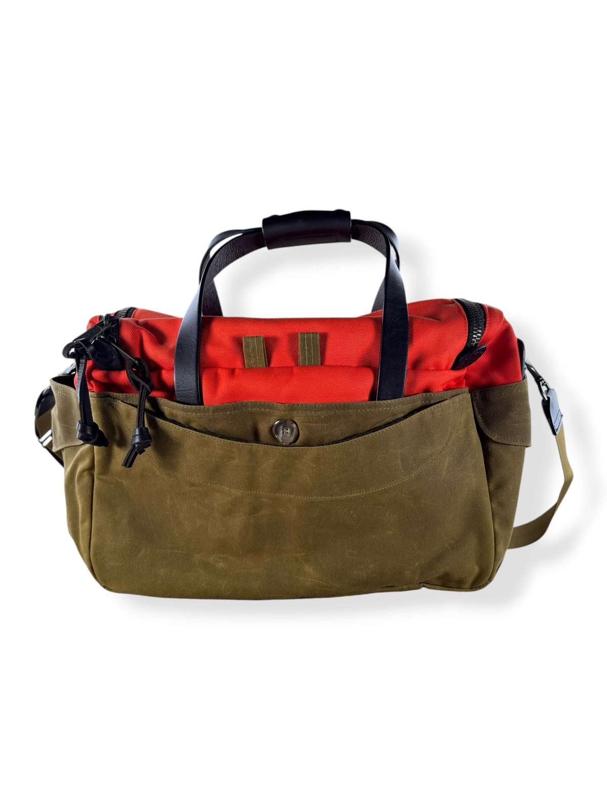 Back of Filson Heritage Sportsman Bag Orange Dark Tan NWOT