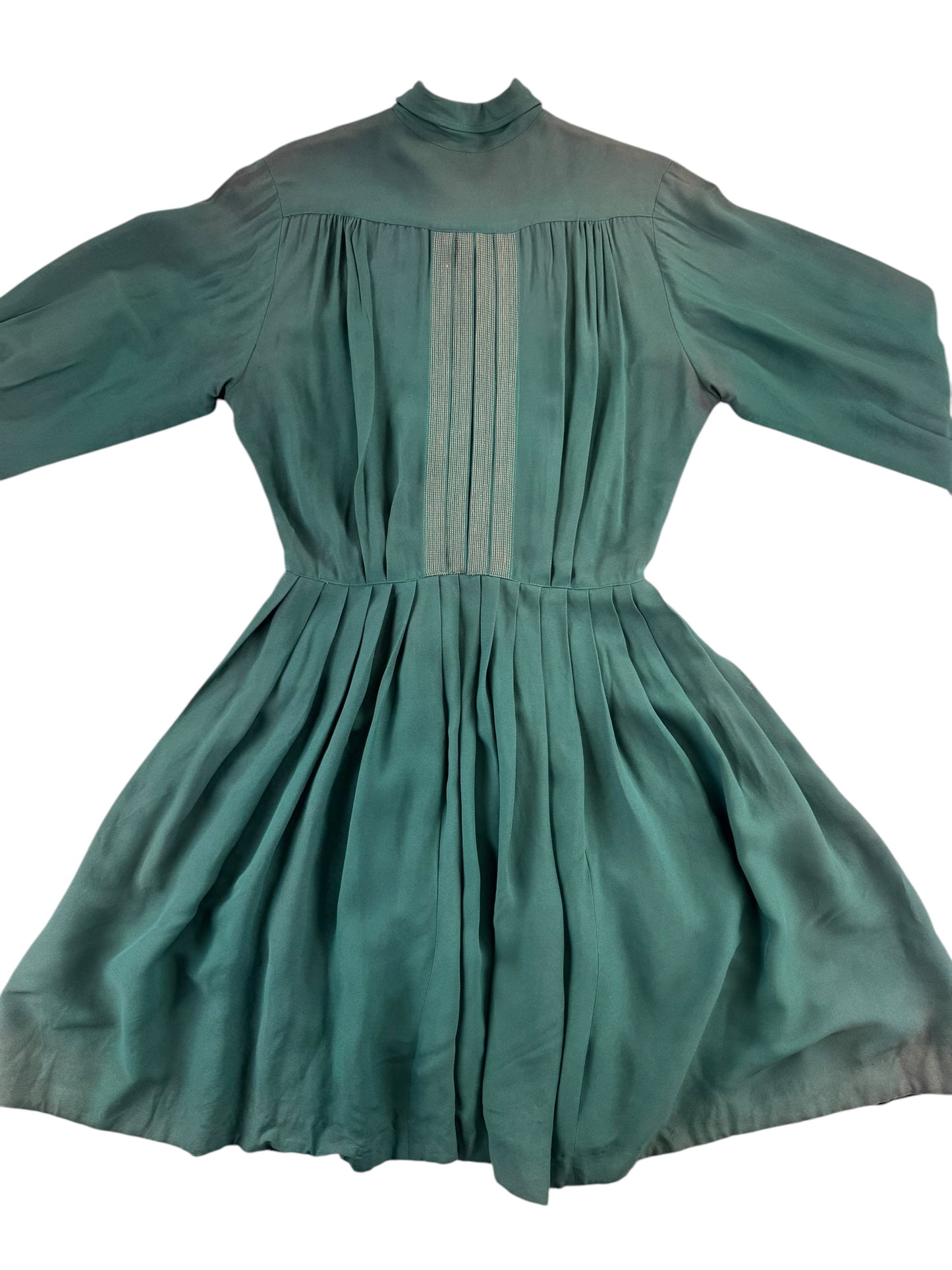 Back view of 1940s Green Rayon Pleated Dress M