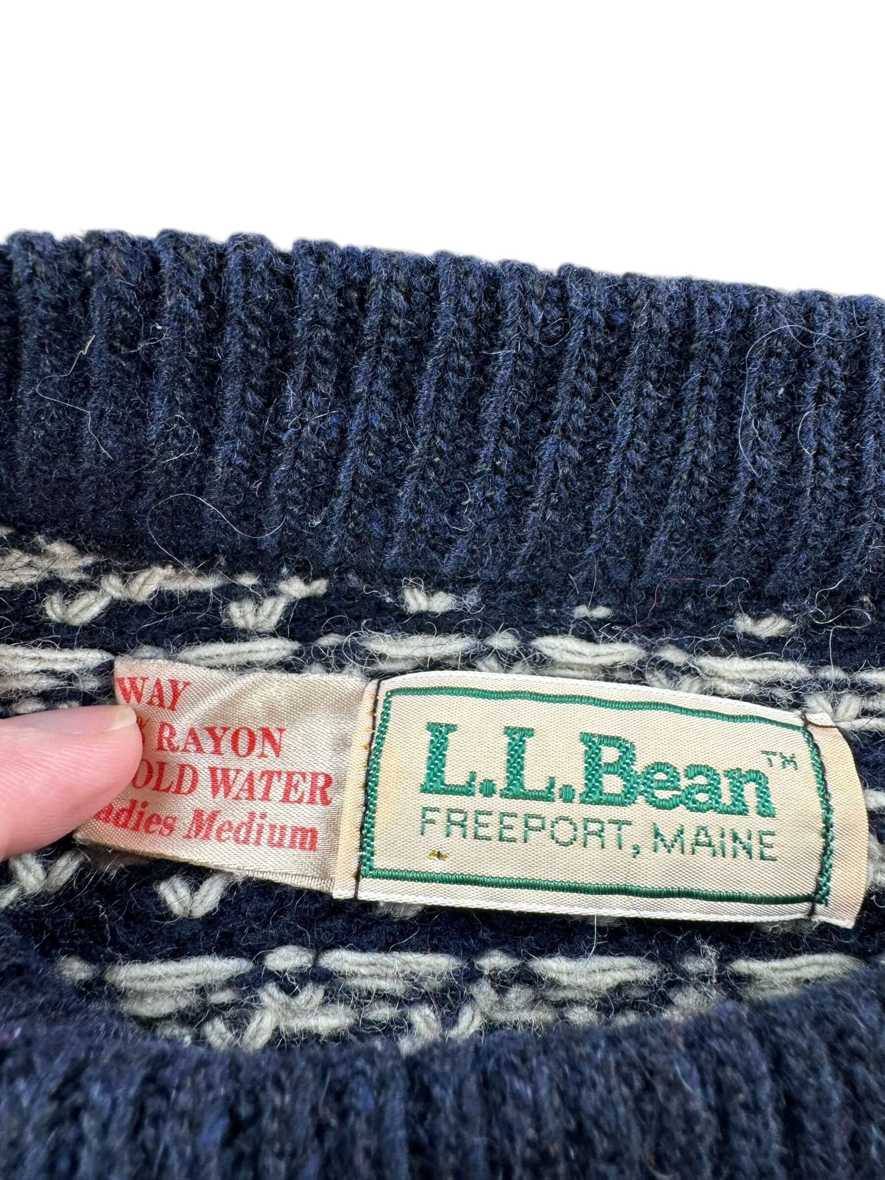 Tag on Vintage Ladies LL Bean Birdseye Nordic Blue and White Sweater SZ M