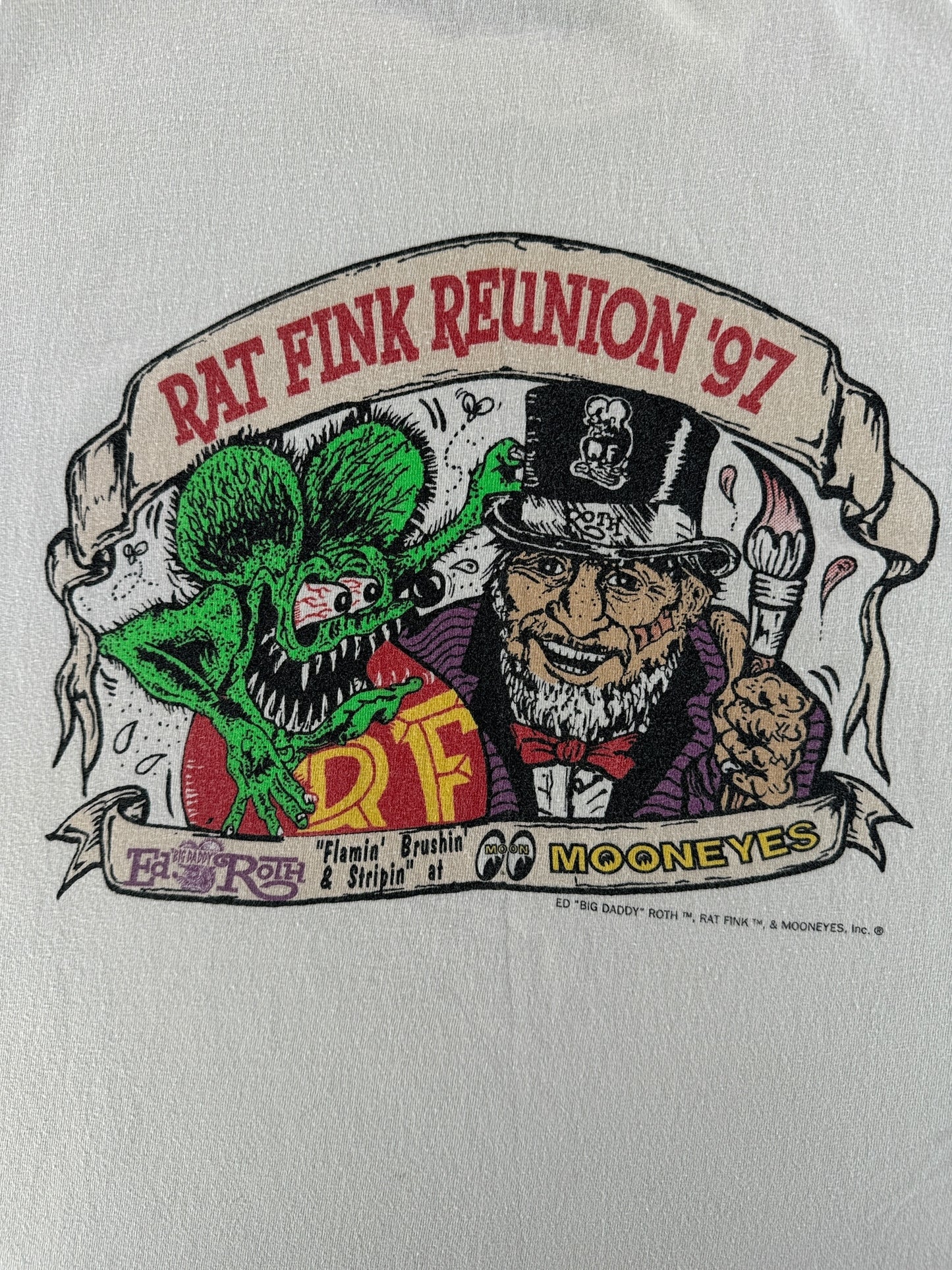 Back Graphic of Vintage 1997 Ed "Big Daddy" Roth Rat Fink Mooneyes Reunion Tee SZ L