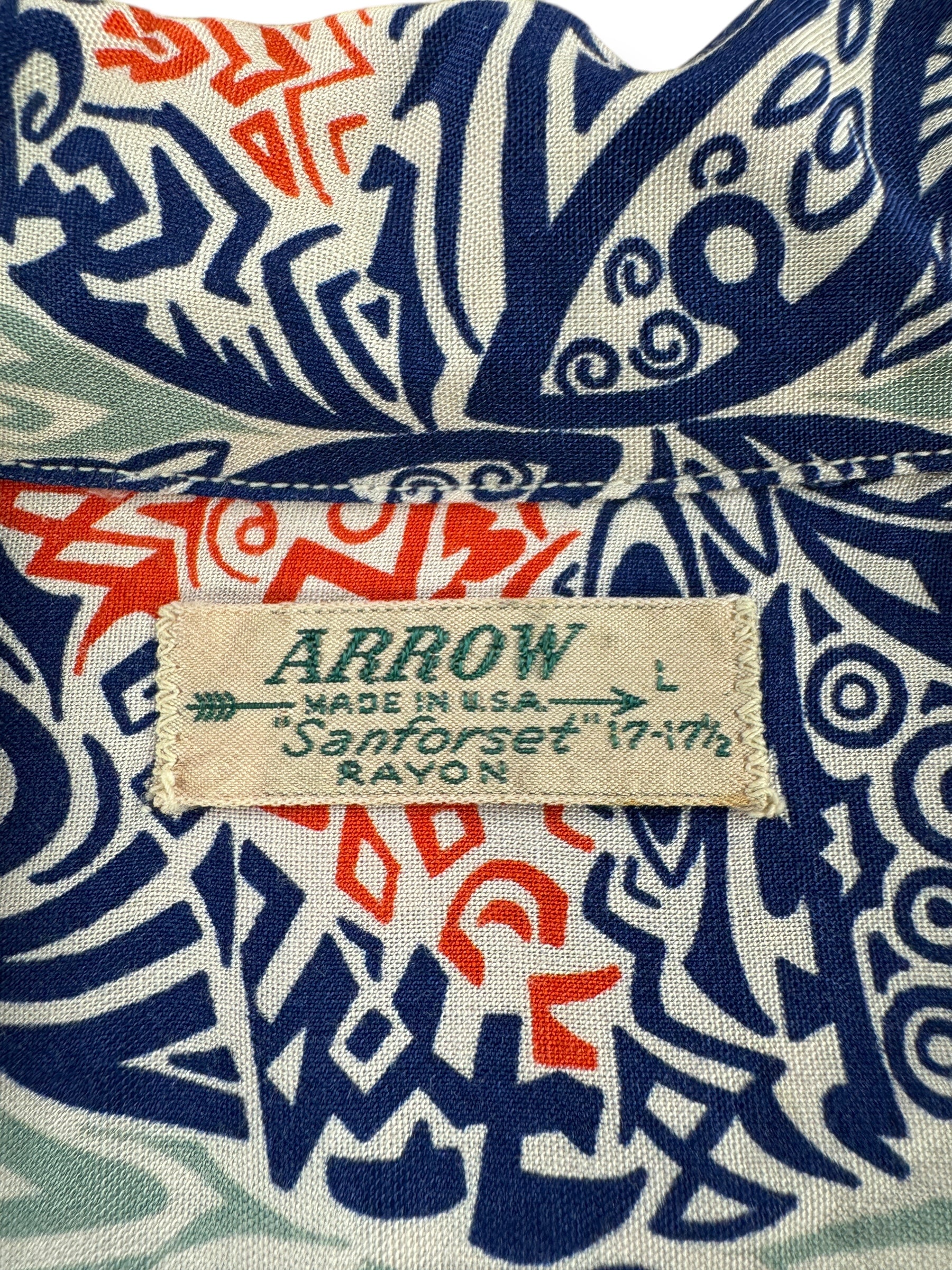 Tag on Vintage Repaired Arrow Sanforset Rayon Aloha Shirt SZ L