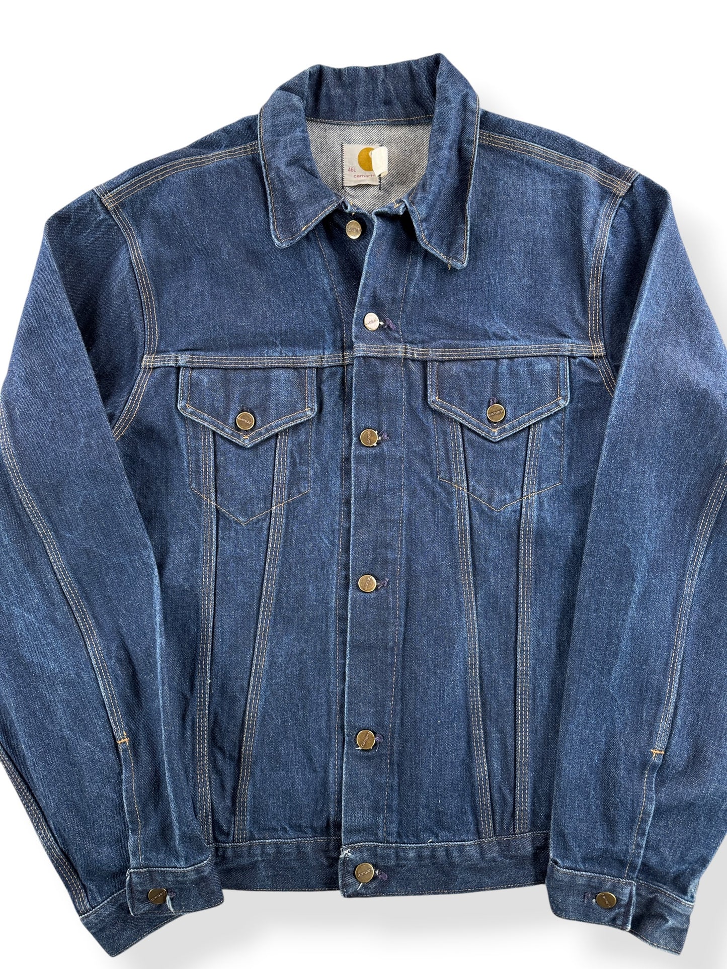 Front Close Up of Vintage 70's Carhartt No Wash 2 Pocket Trucker Jacket SZ 46L