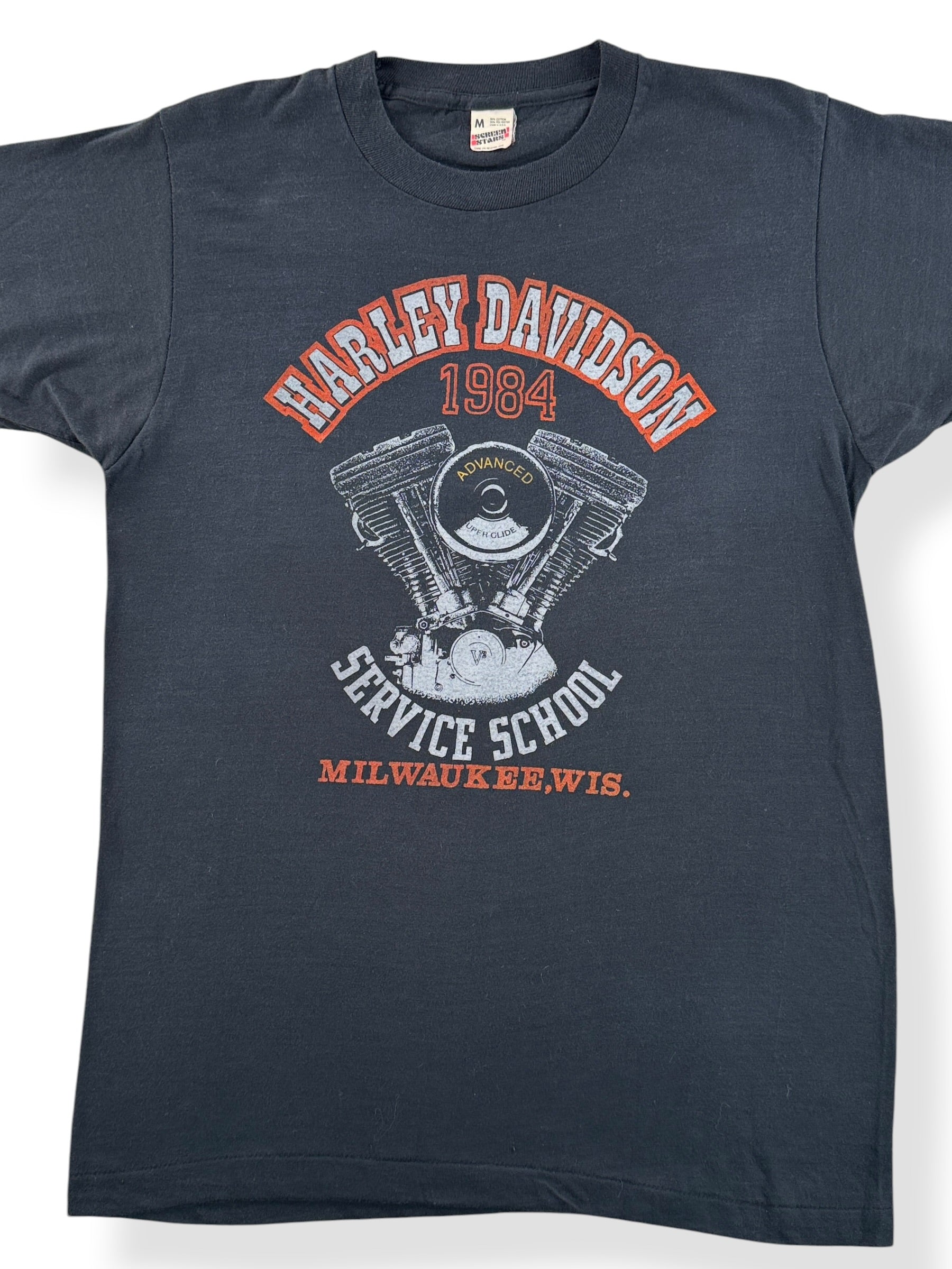 Front Close Up of Vintage Harley Davidson Service School Milwaukee Tee SZ M (Fits S)