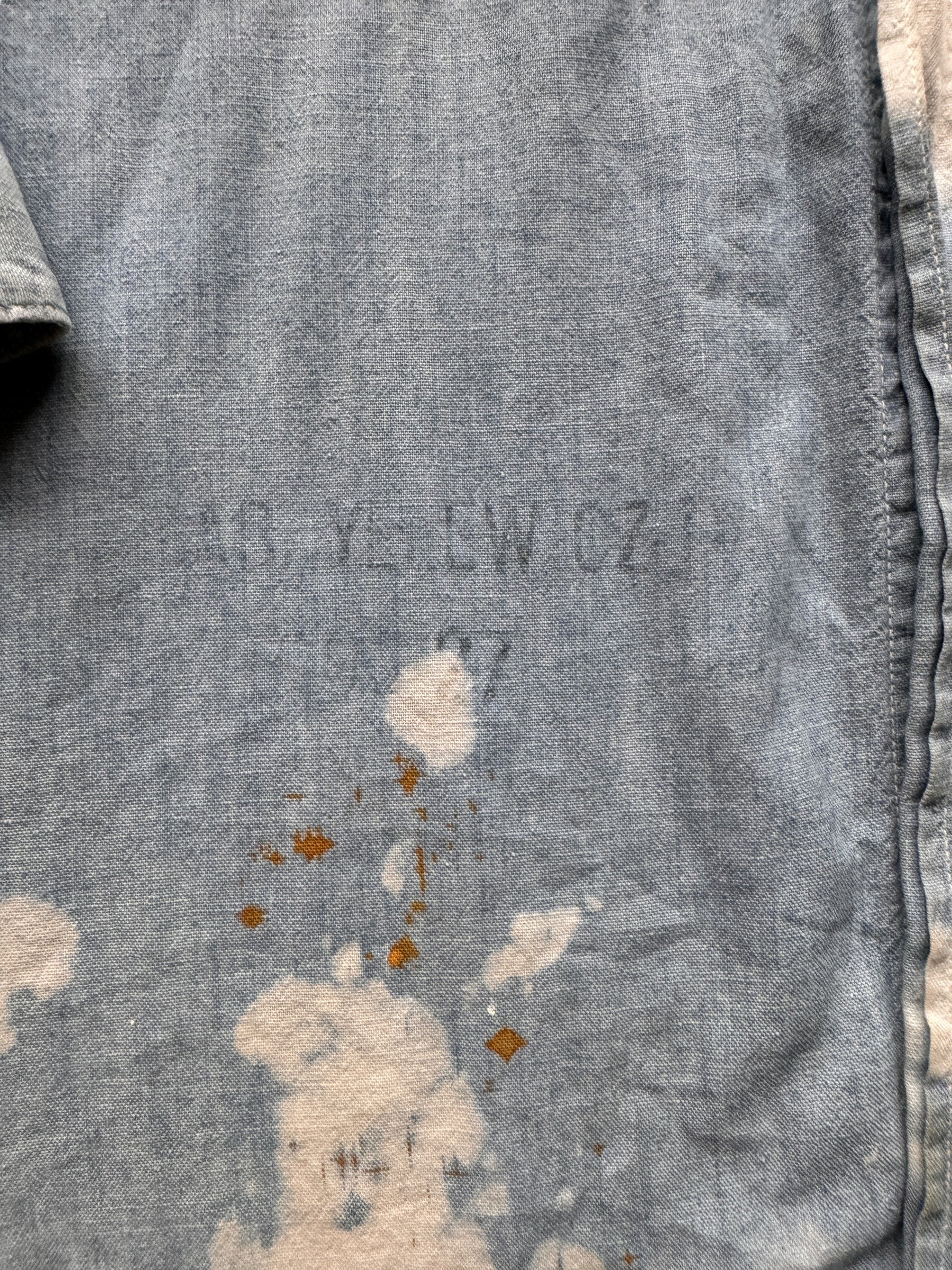 stencil on Vintage Bleach Splattered USN Chambray Shirt SZ XL