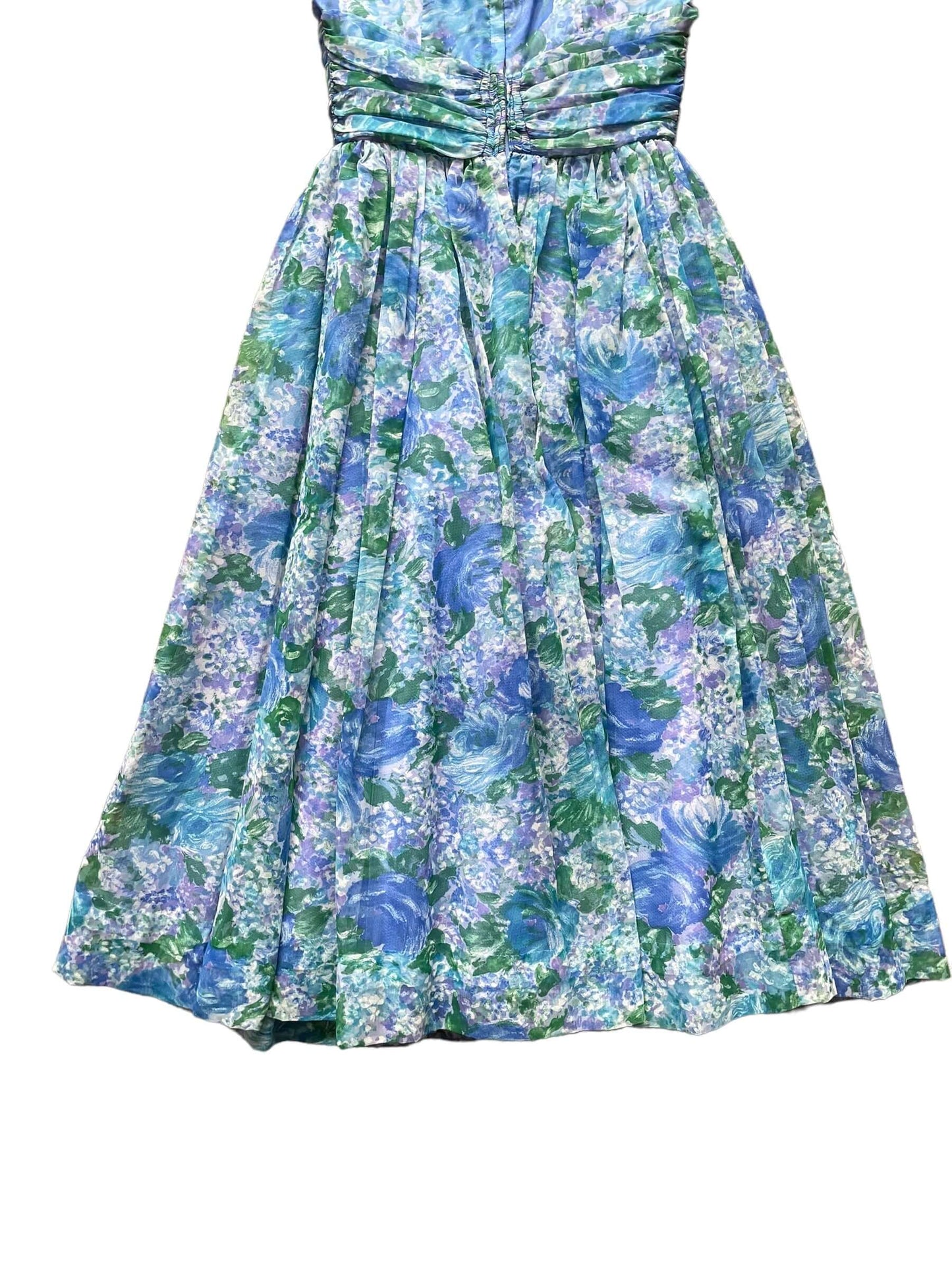 Back skirt view of Vintage 1950s Formal Blue Floral Dress SZ XS | Seattle True Vintage Dresses | Barn Owl Vintage Ladies Clothing