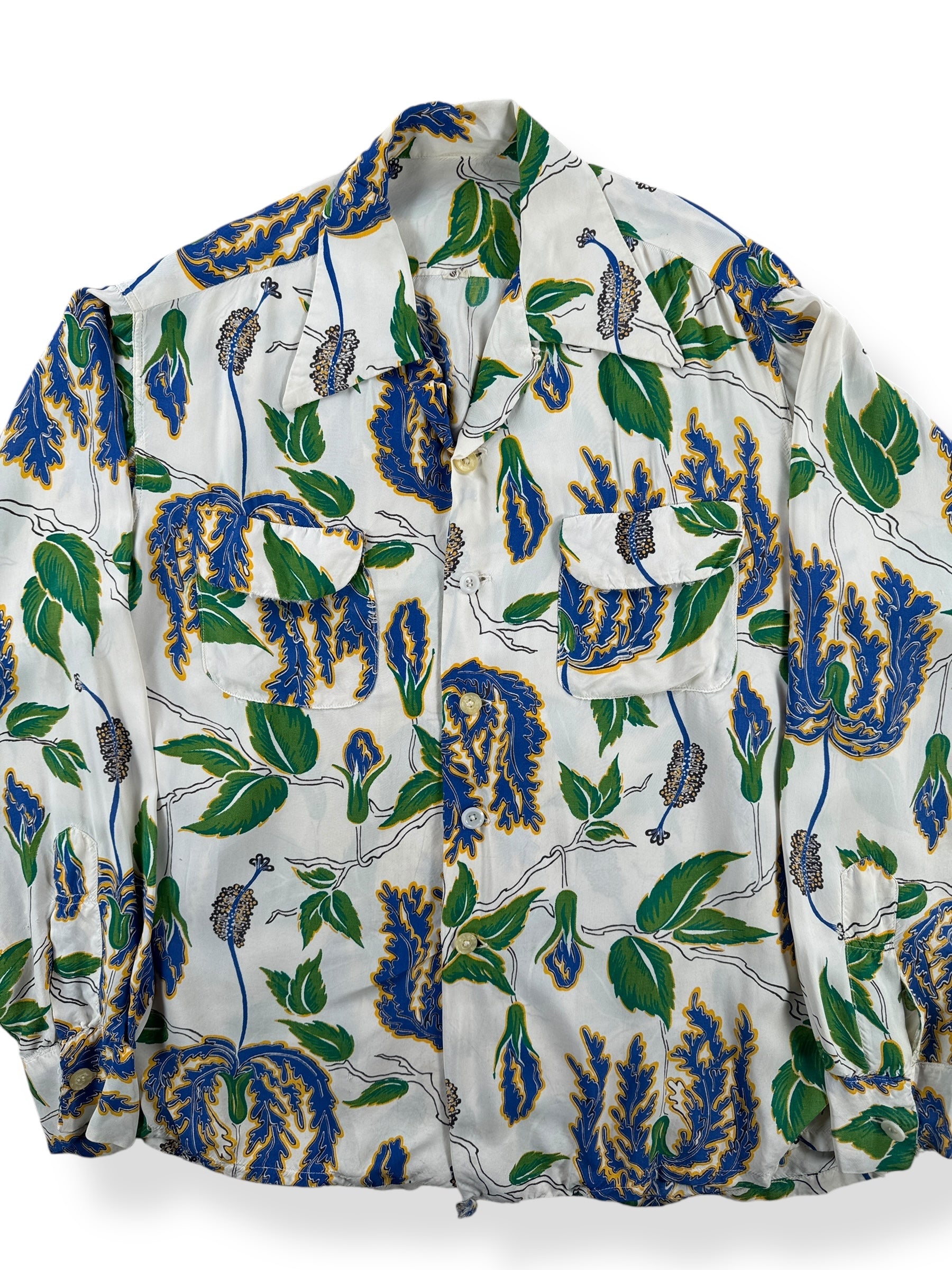 Front Close Up of Vintage Long Sleeve Rayon Aloha Shirt SZ L