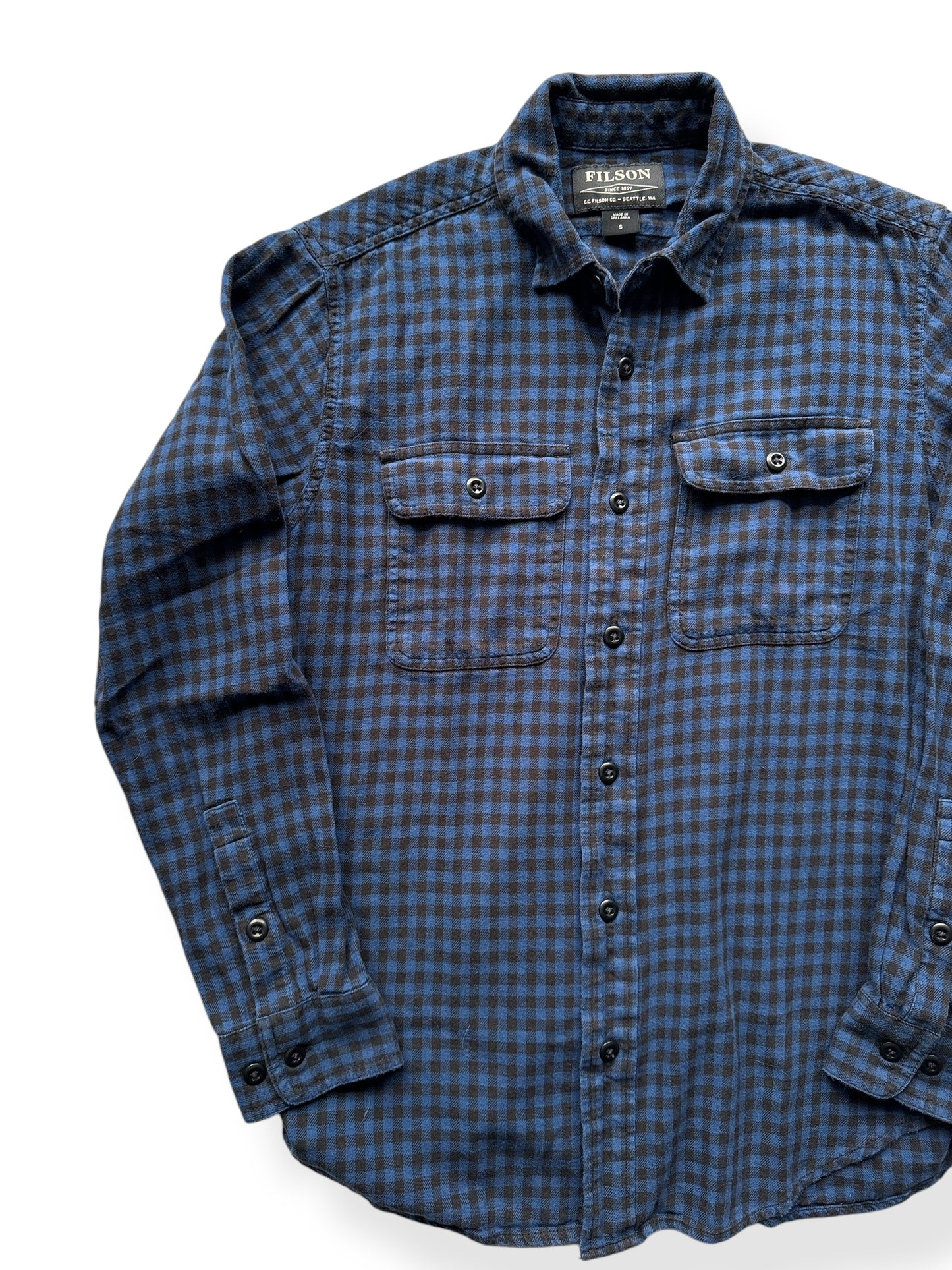 Front Right of Filson Blue Black Cotton Flannel Shirt SZ S