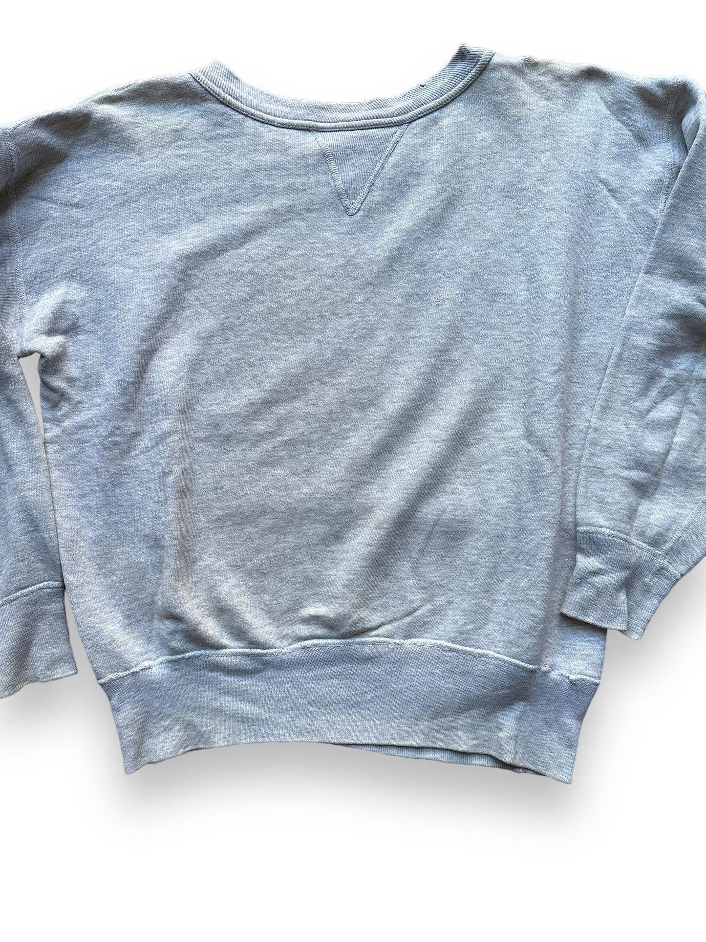 Front Detail on Vintage Heather Grey Single V Sweatshirt SZ L | Vintage Waffle Sweatshirt Seattle | Barn Owl Vintage Clothing