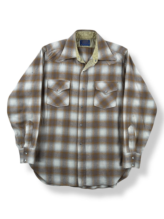 Front of Vintage Pendleton Beige Shadowplaid Pearlsnap Flannel SZ M AS IS