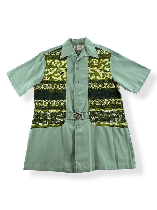 Front of Vintage 60s Liberty House Paneled Bark Cloth Aloha Shirt SZ M