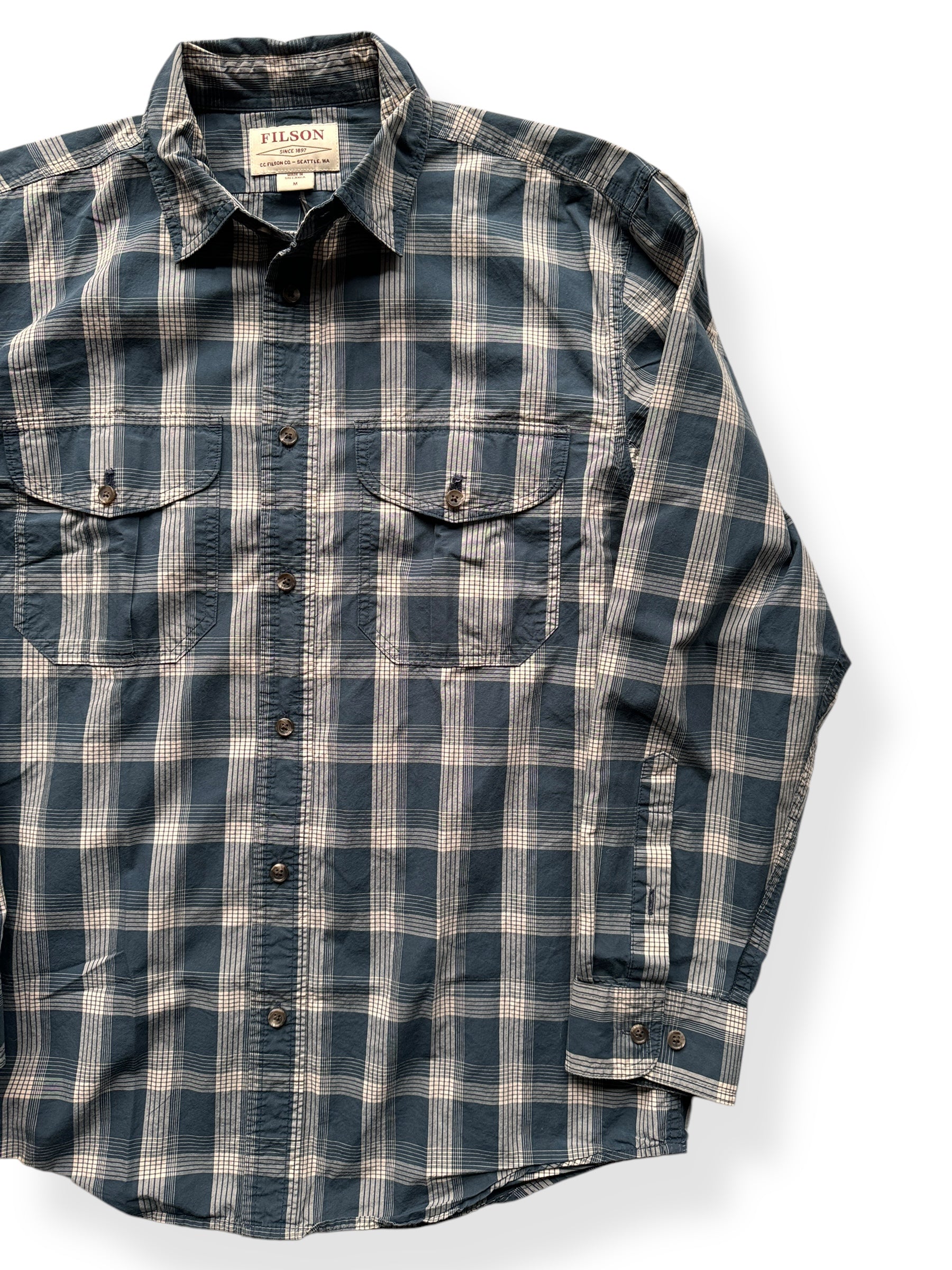 Front Left of Filson Blue Plaid Feather Cloth Shirt SZ M