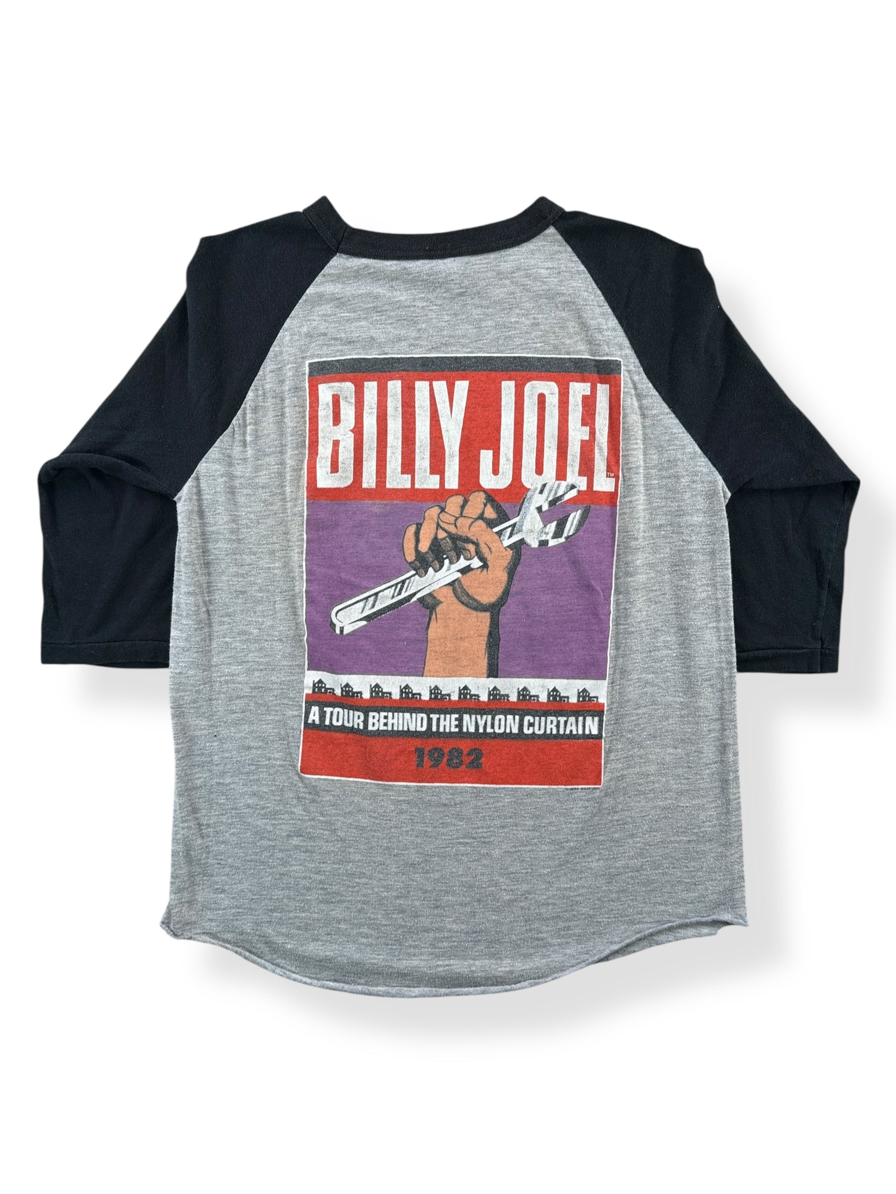 Back of Vintage Billy Joel Behind The Nylon Curtain Raglan 1982 Tour Tee SZ M