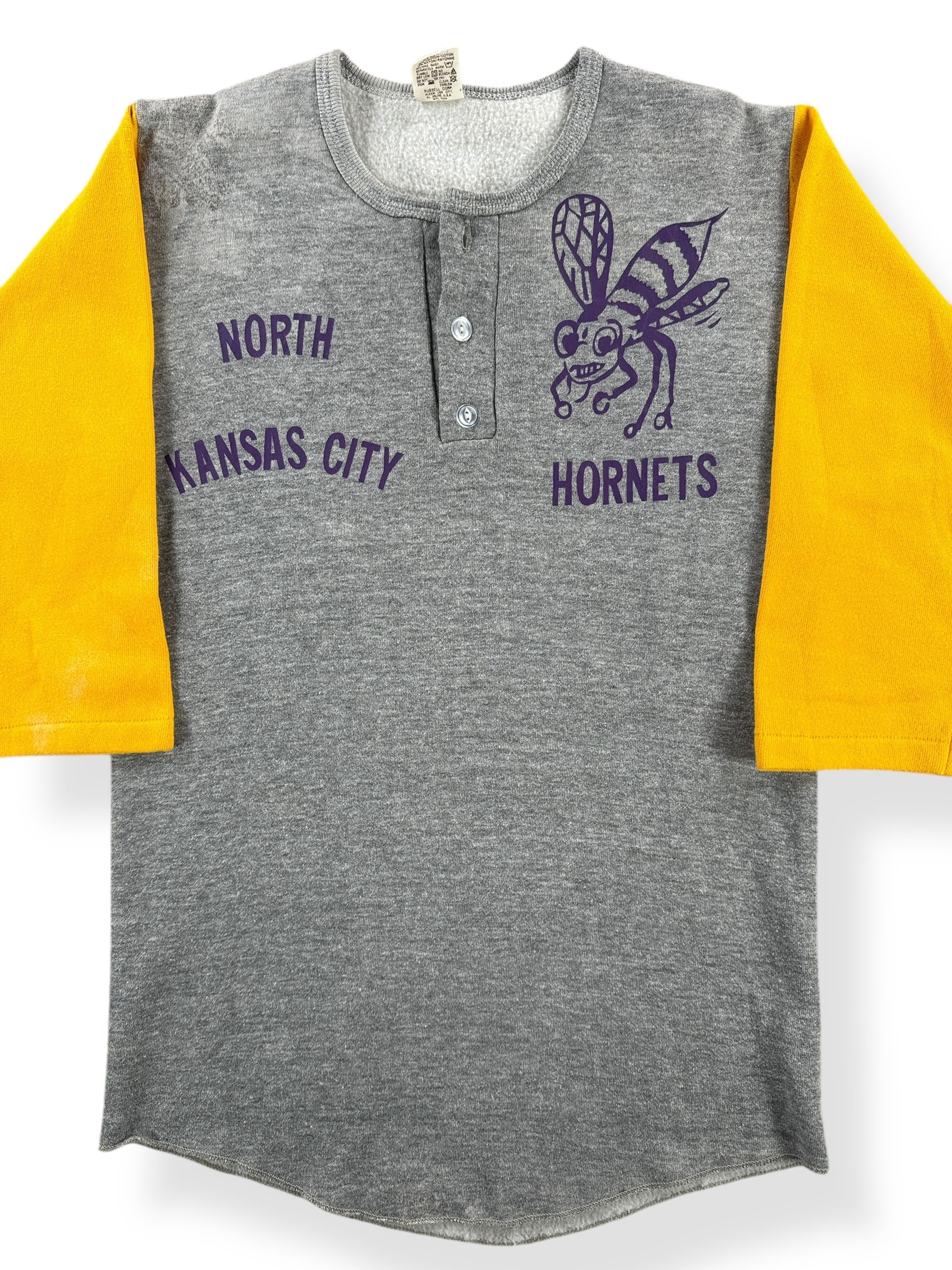 Front Close Up of Vintage North Kansas City Hornets Russell Henley Shirt SZ S