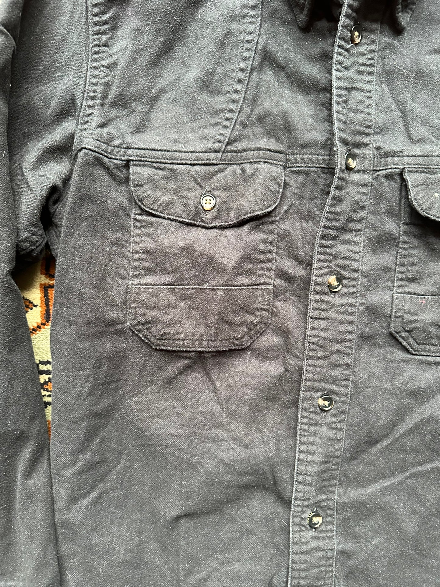 pockets of Filson Black Moleskin Shirt |  Barn Owl Vintage Goods | Vintage Filson Workwear Seattle