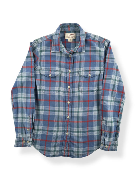 Front of Filson Women's Scout Blue Green Flannel Shirt SZ M