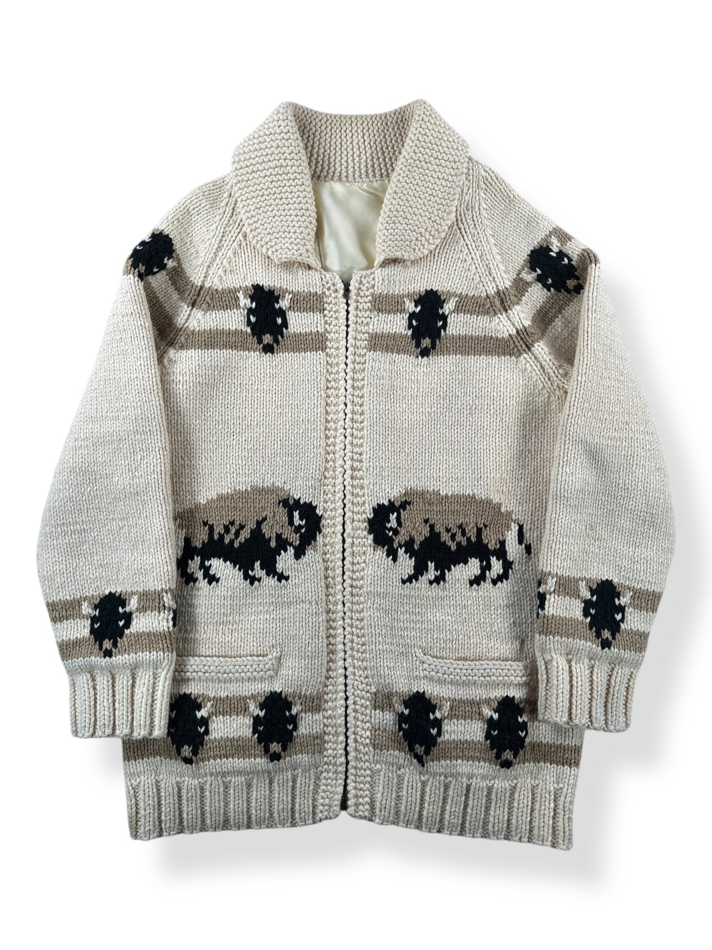 Front of Vintage Lined Mary Maxim Buffalo Pattern Cowichan Sweater SZ L