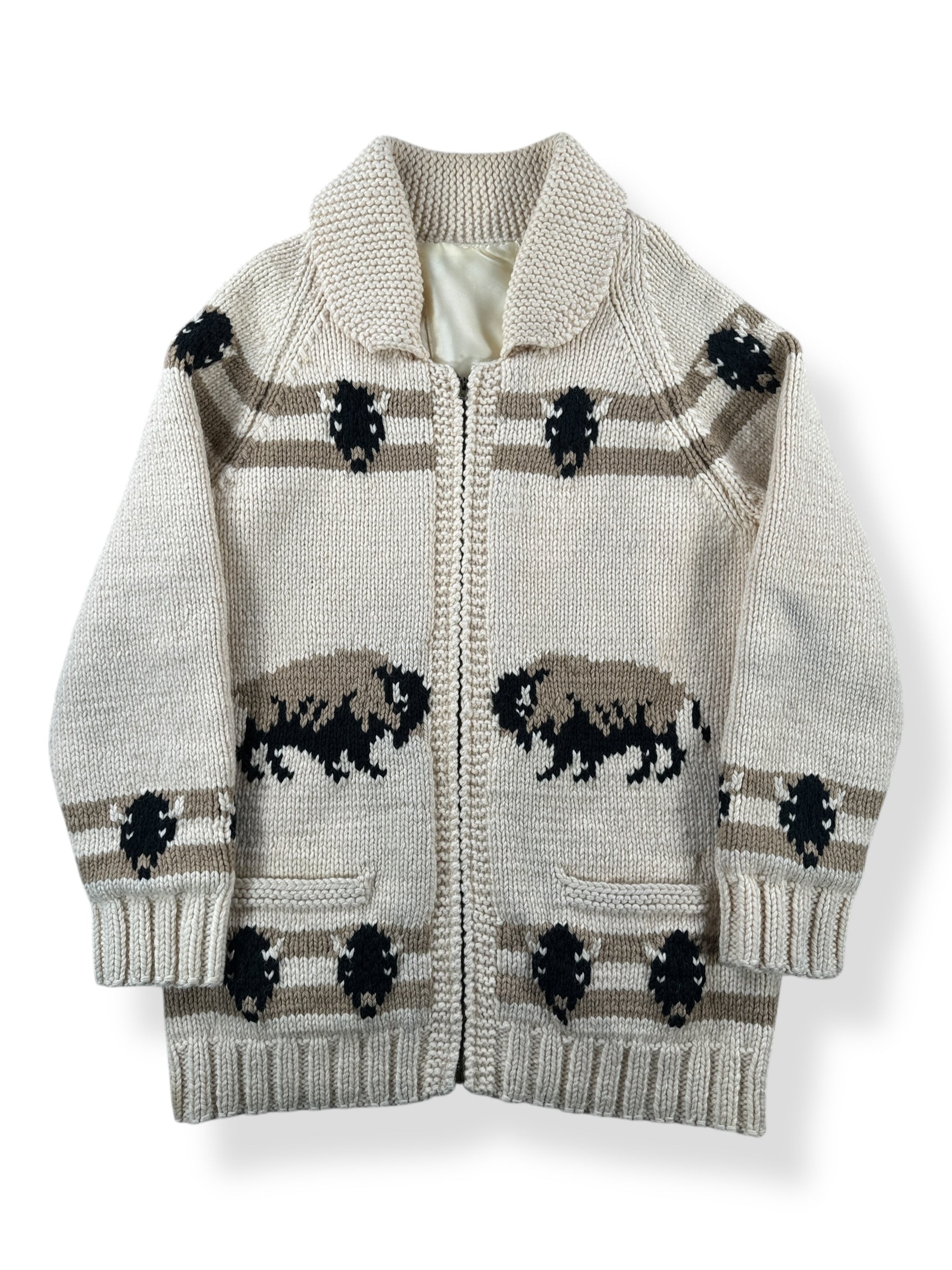 Front of Vintage Lined Mary Maxim Buffalo Pattern Cowichan Sweater SZ L