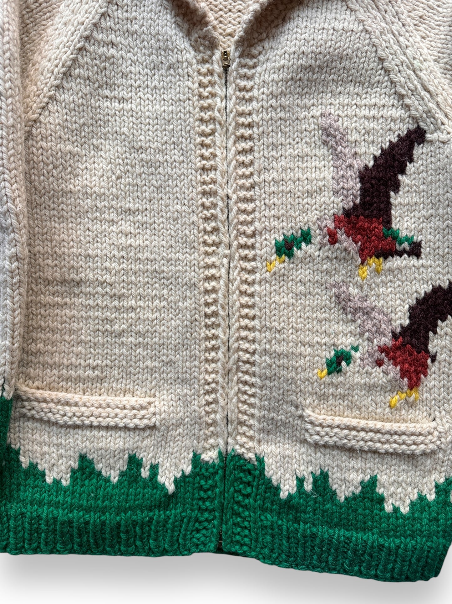 Lower Front Detail on Vintage Duck Themed Cowichan Style Sweater SZ M