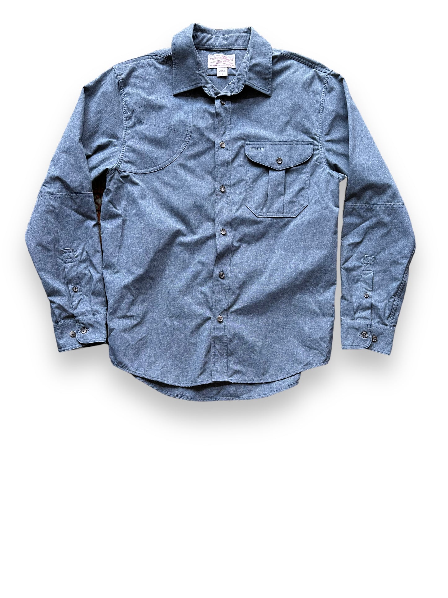 Front View of Filson Carbon Blue Right Handed Shooting Shirt SZ M |  Barn Owl Vintage Goods | Vintage Filson Workwear Seattle