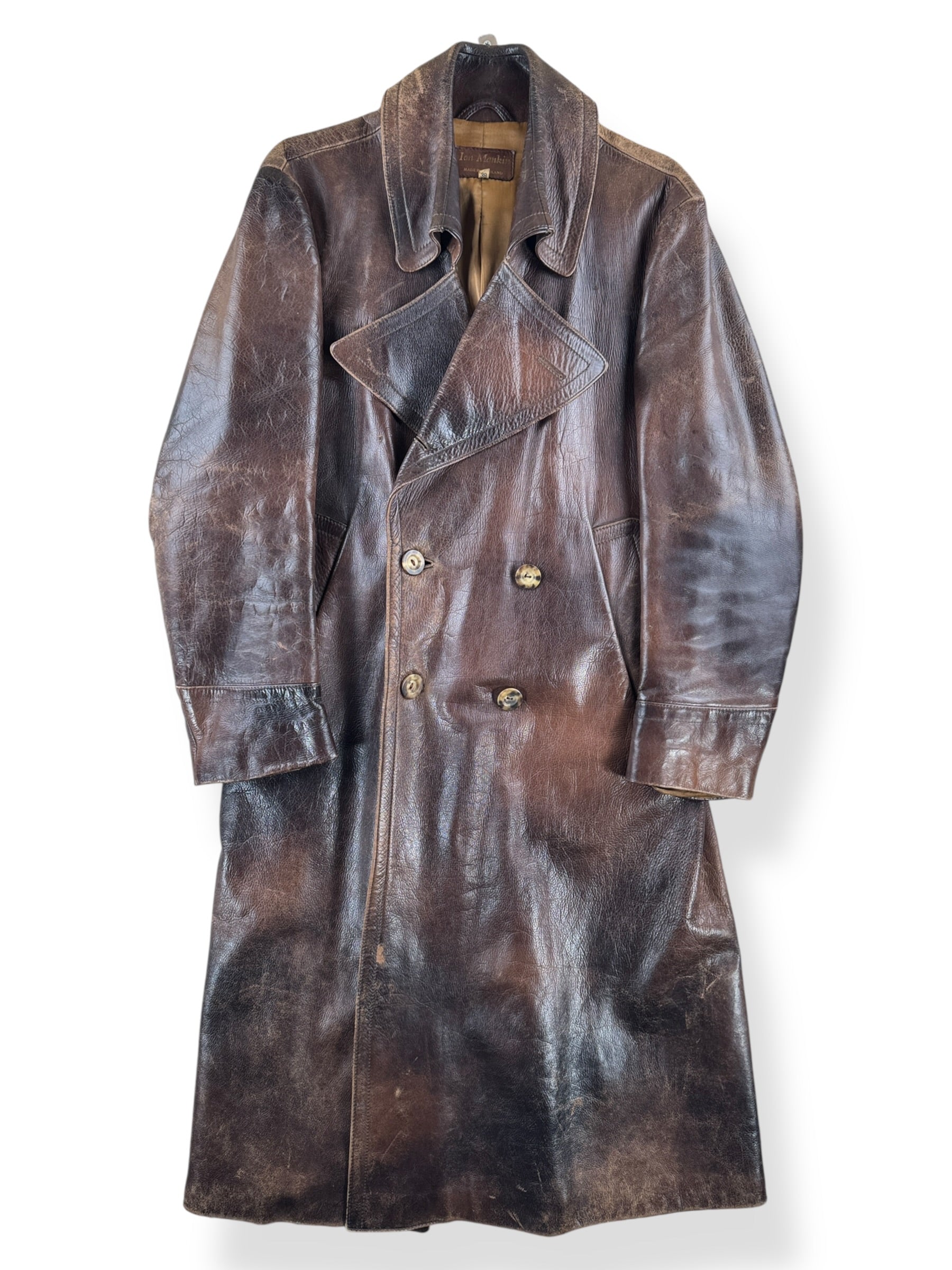 Front of Vintage Ian Mankin Made In England Leather Trench Coat SZ 38